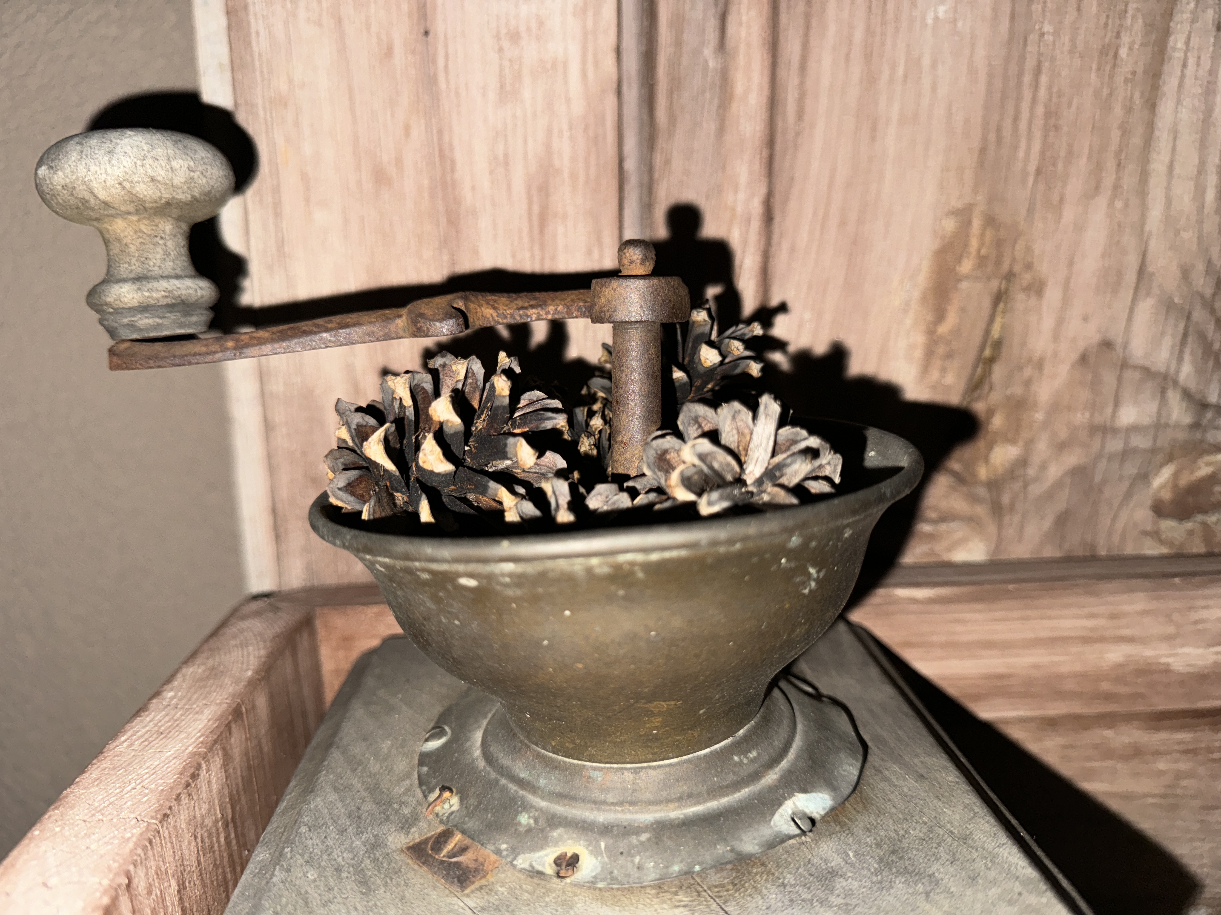 vintage grinder with pinecones