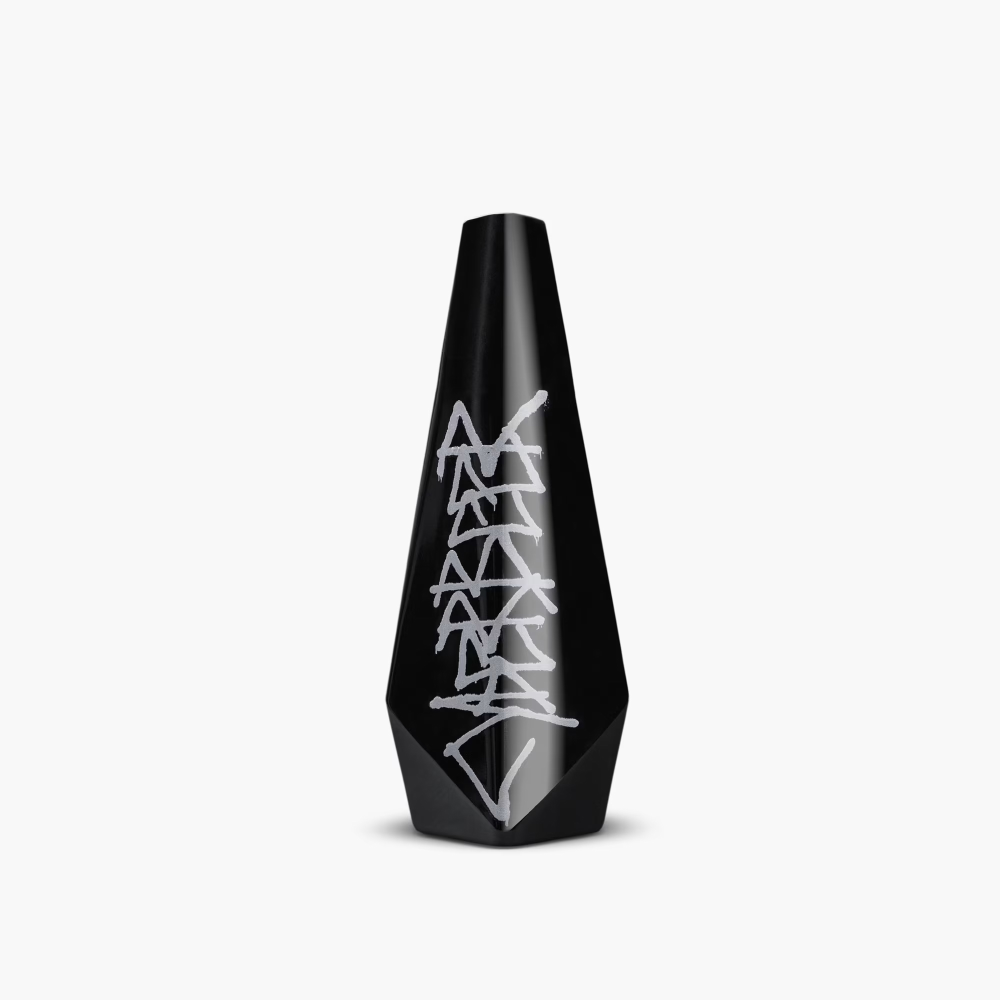 black bottle with white design