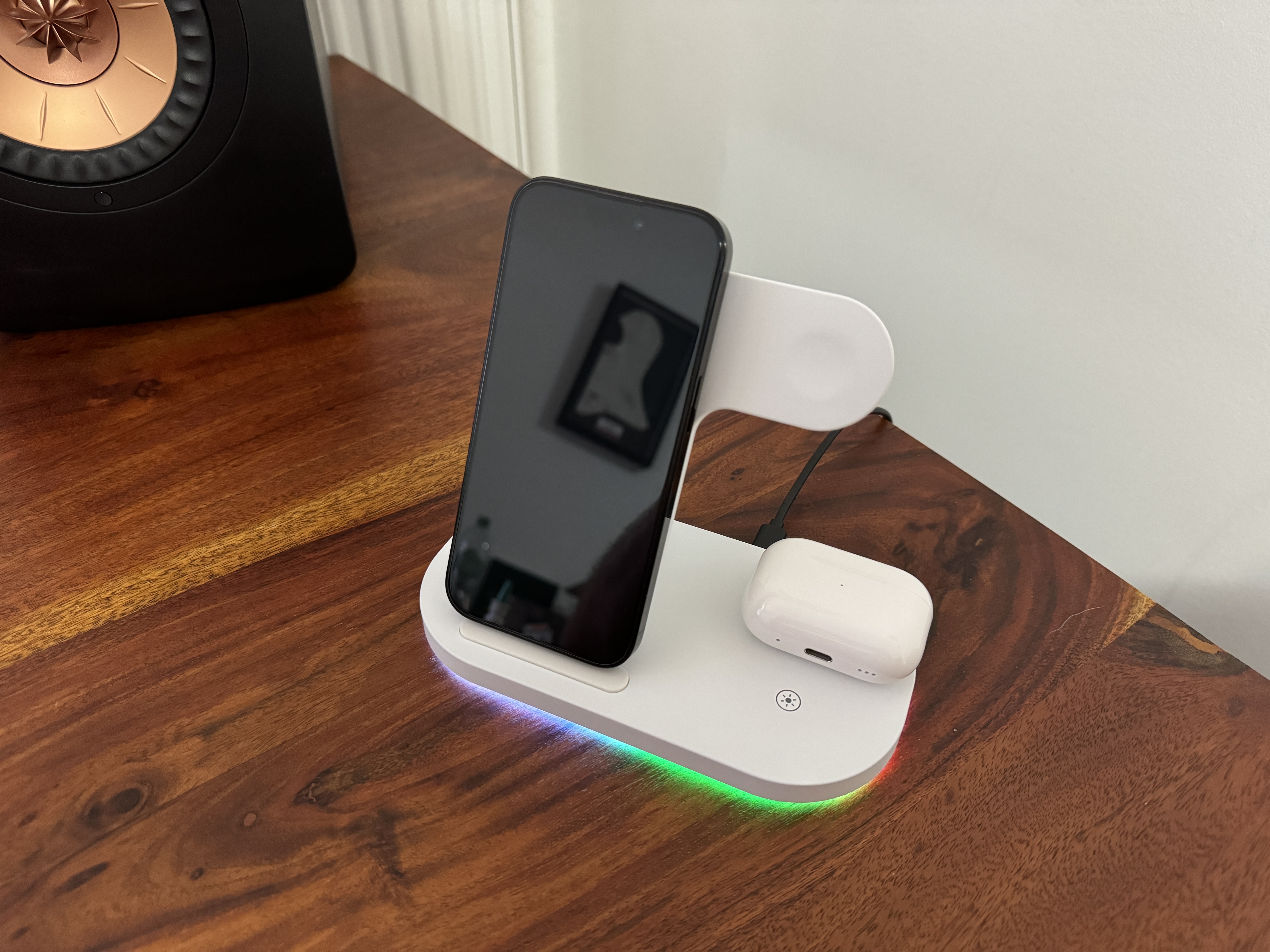 charging stand with phone and earbuds
