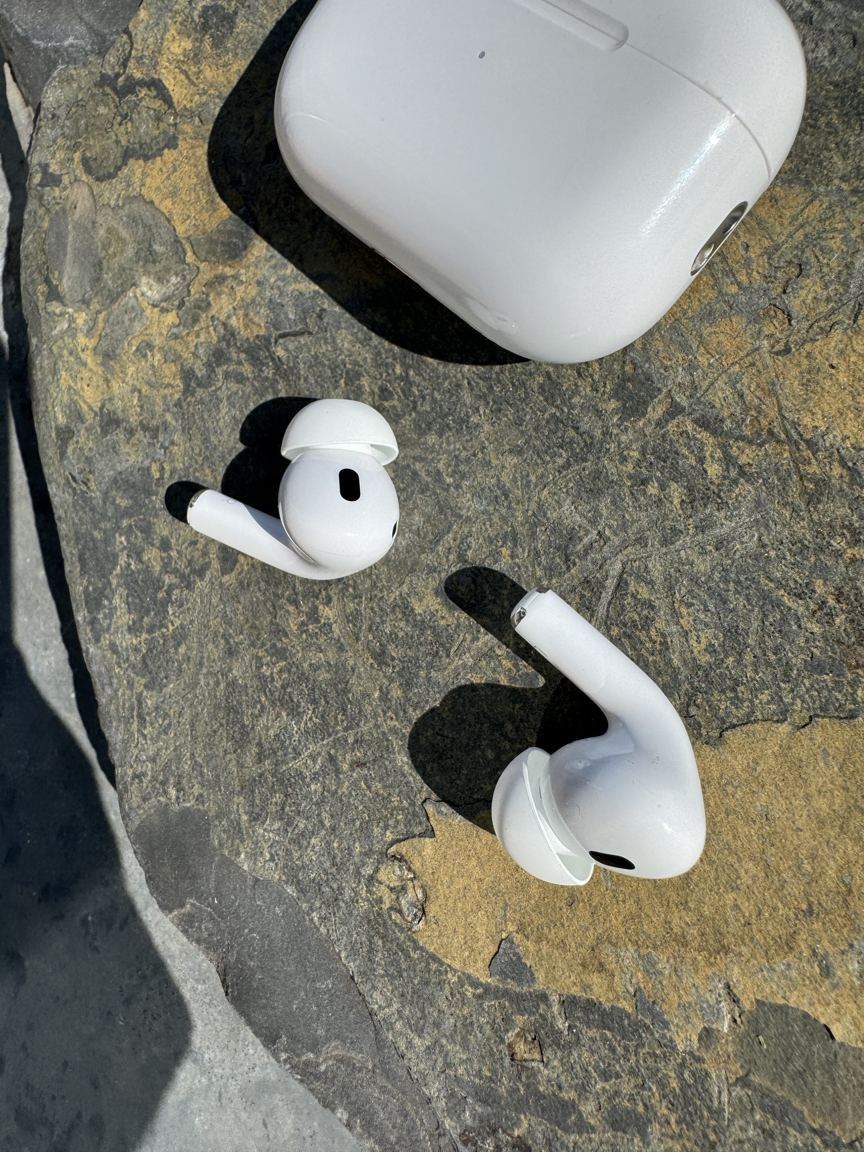 earbuds case on rock surface