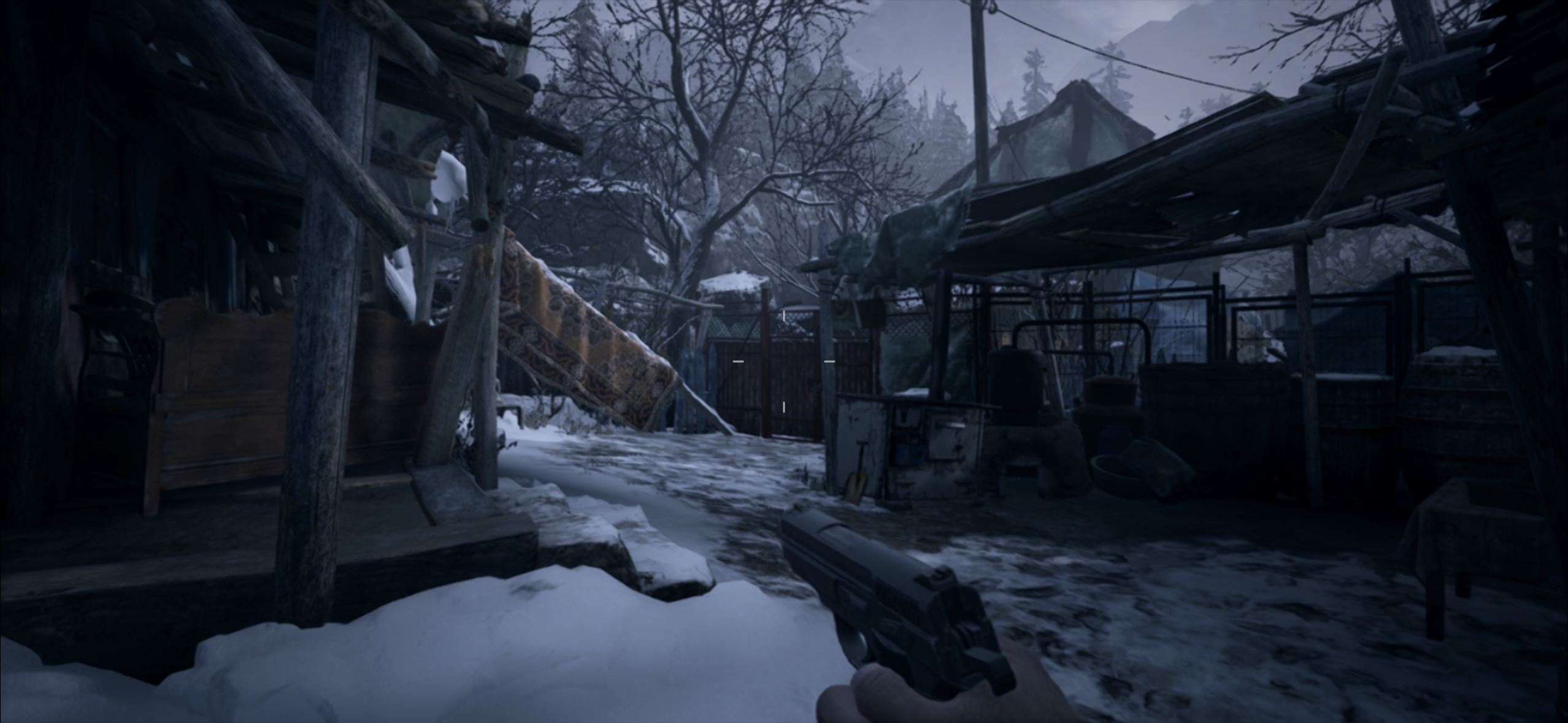 first person snowy village