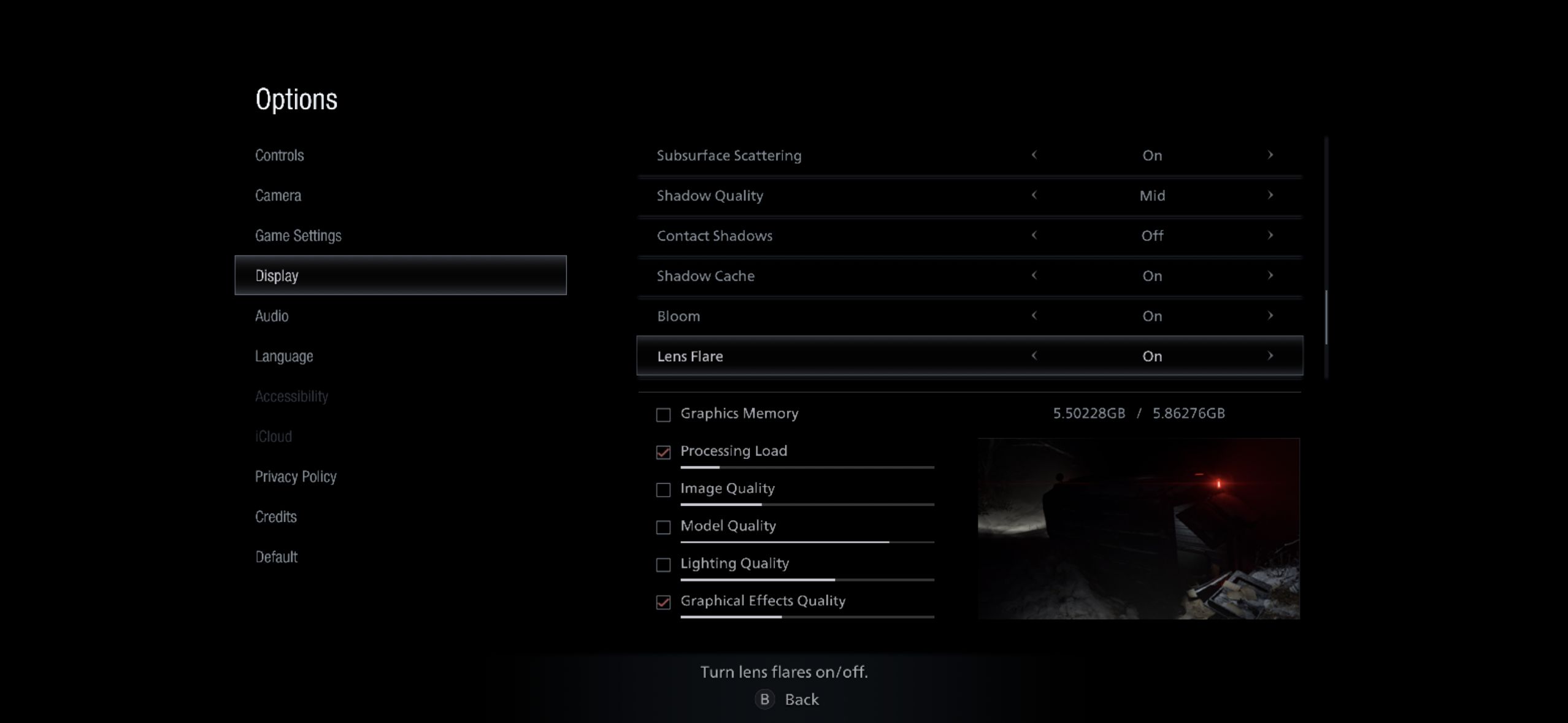 game settings menu display