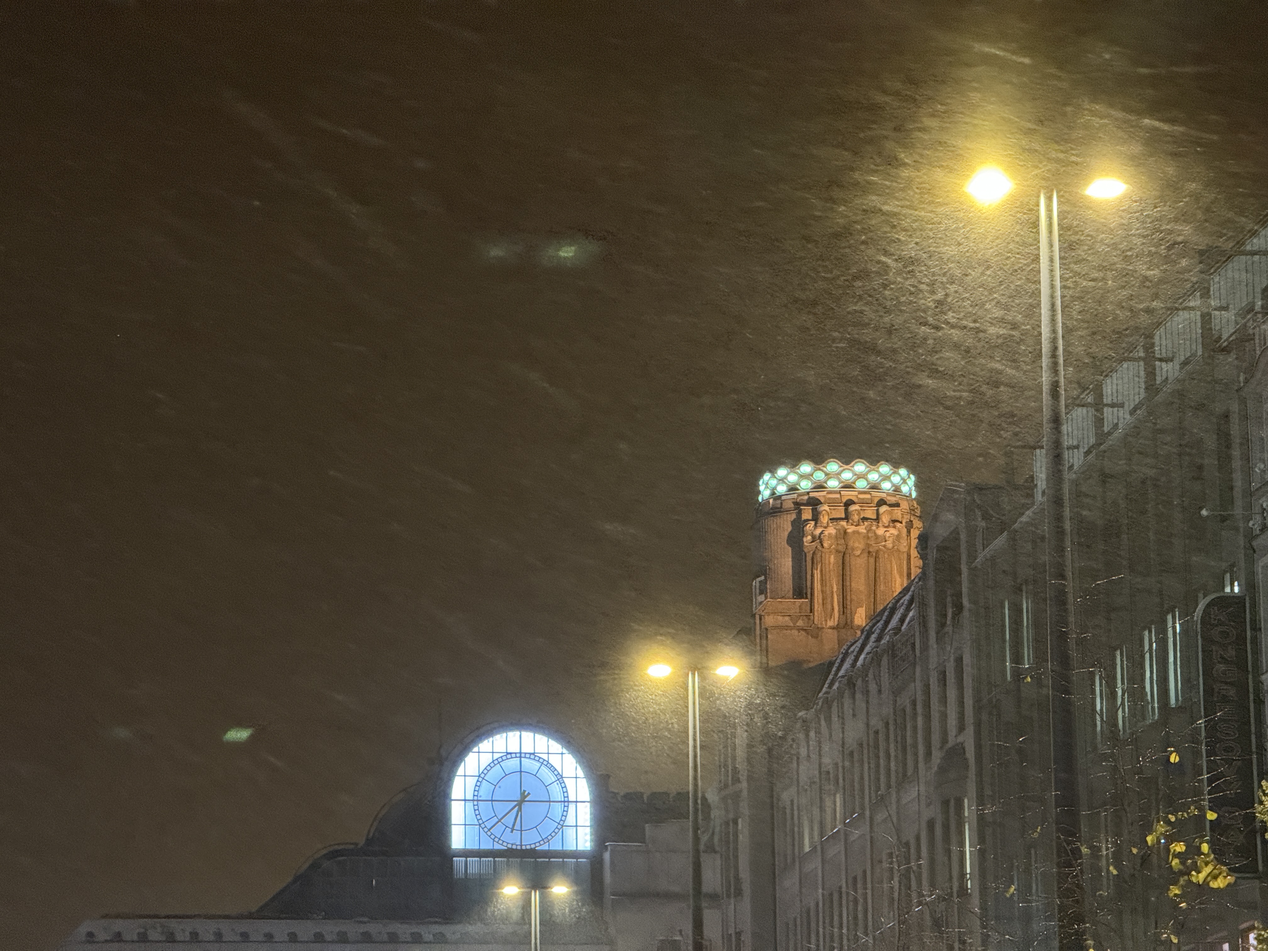 clock tower night snow