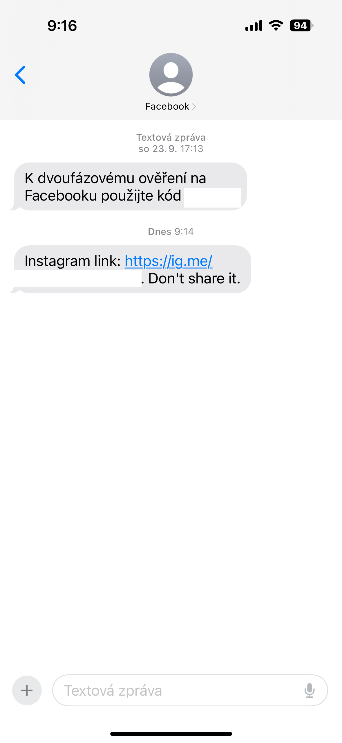 facebook verification code message