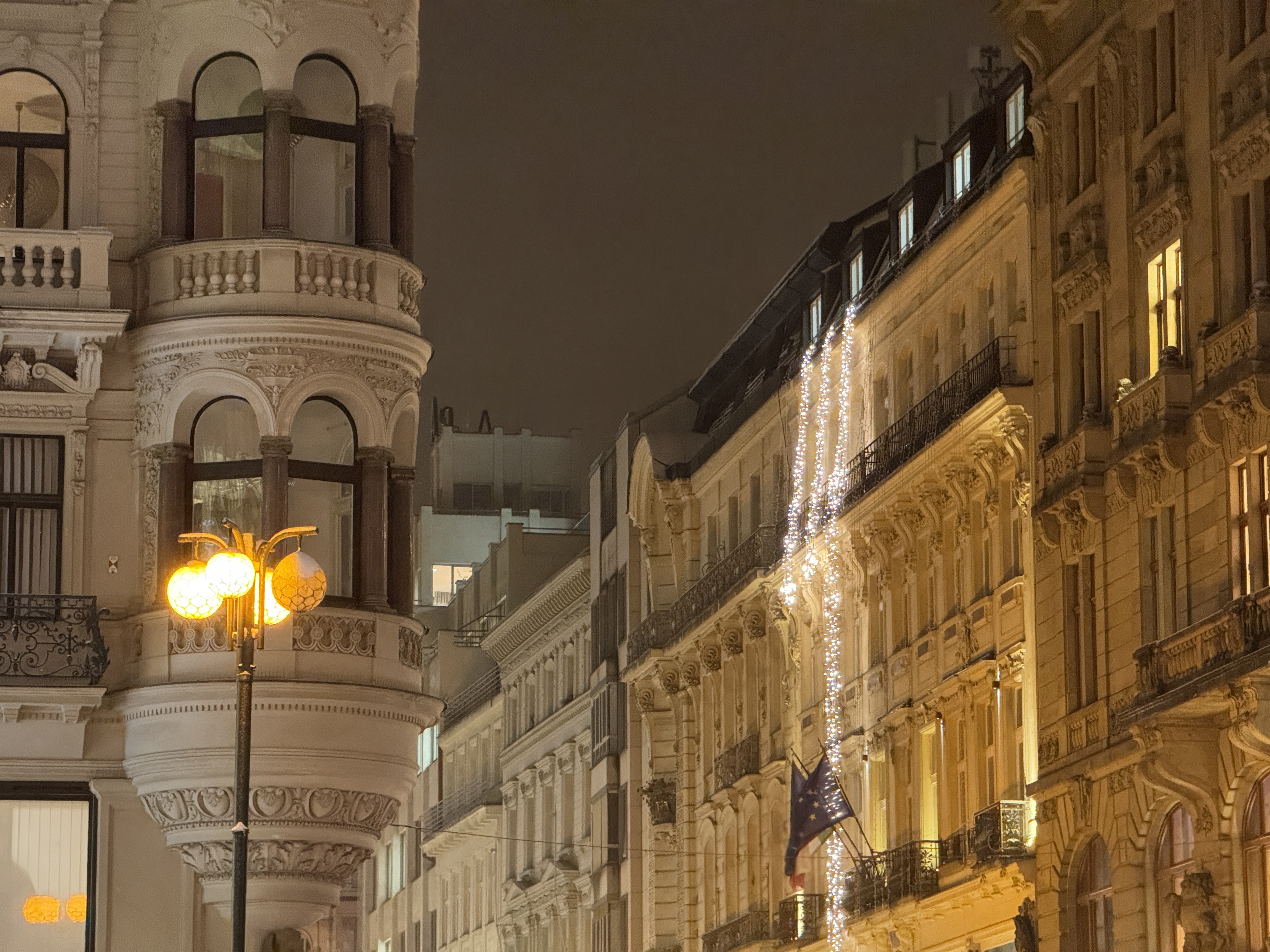 ornate buildings street lights night