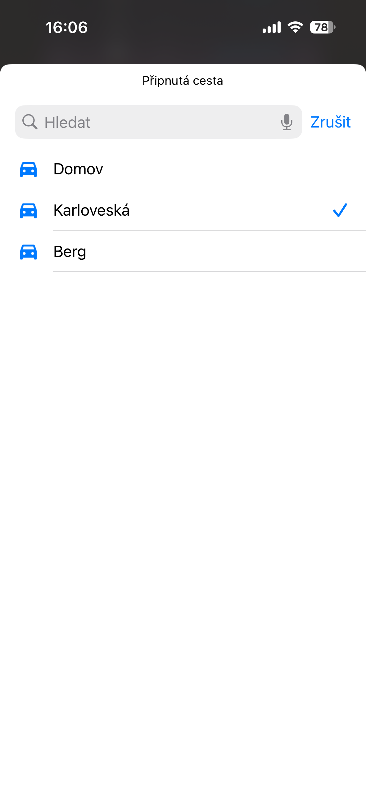route selection screen