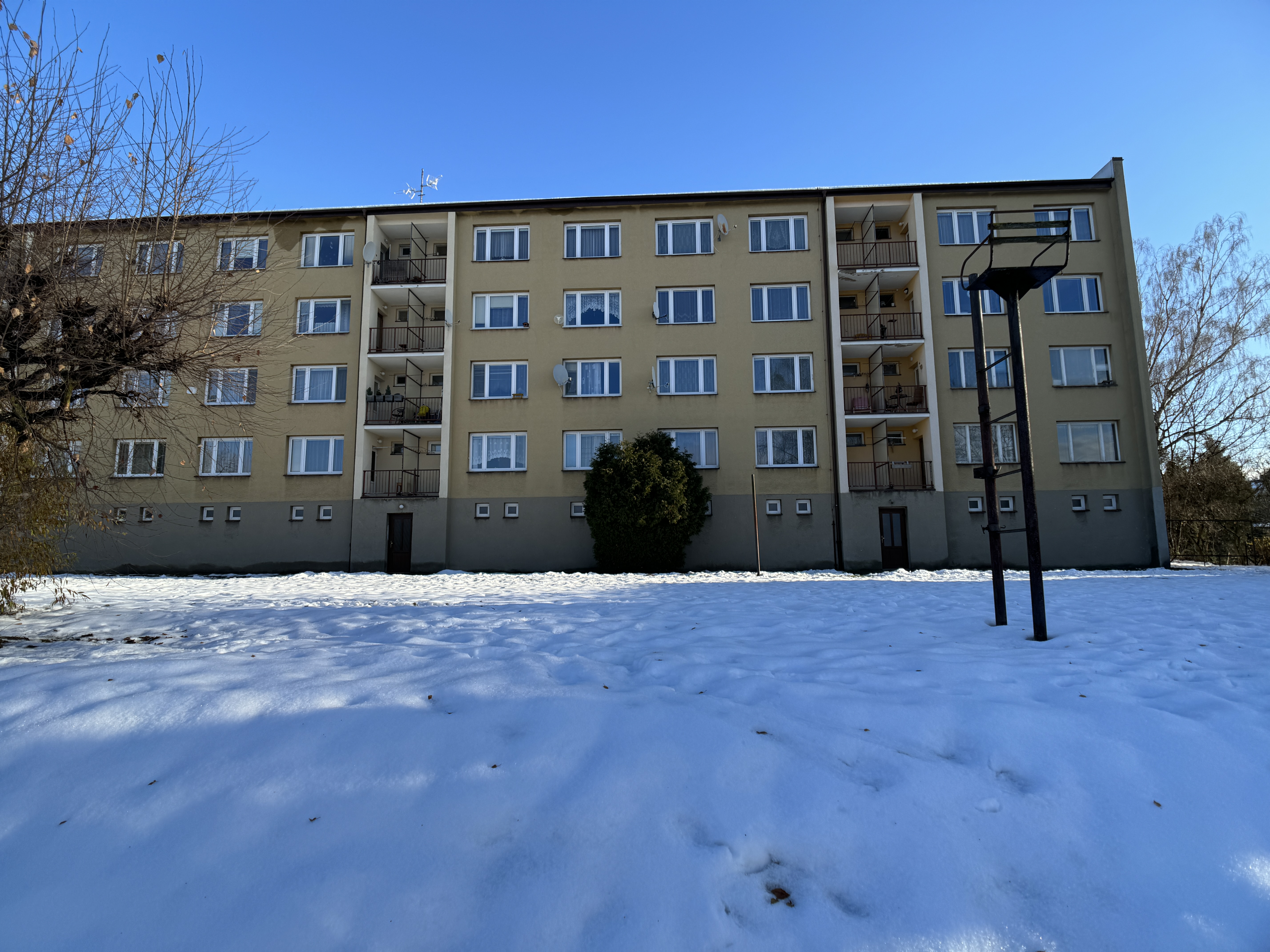 apartment building in snow