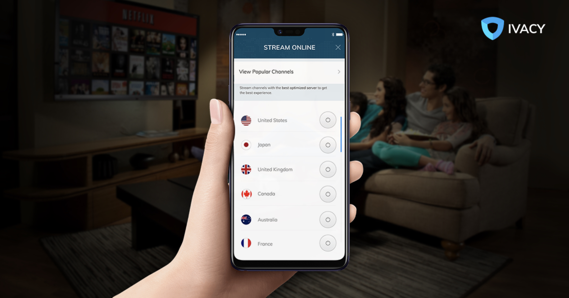 hand holding phone streaming options