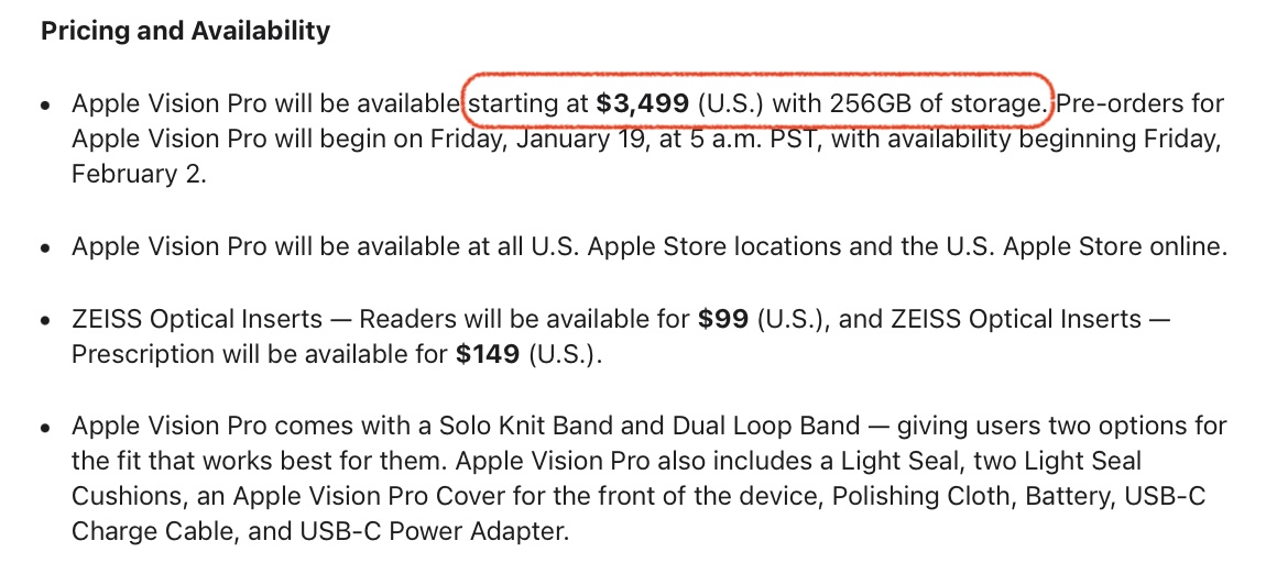 apple vision pro pricing