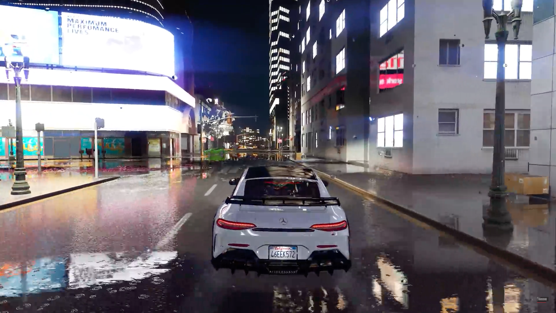 car driving in rainy city