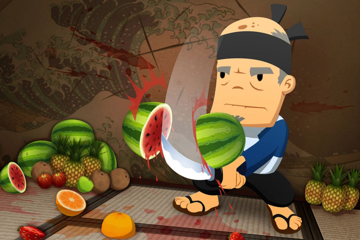 cartoon samurai fruit slicing