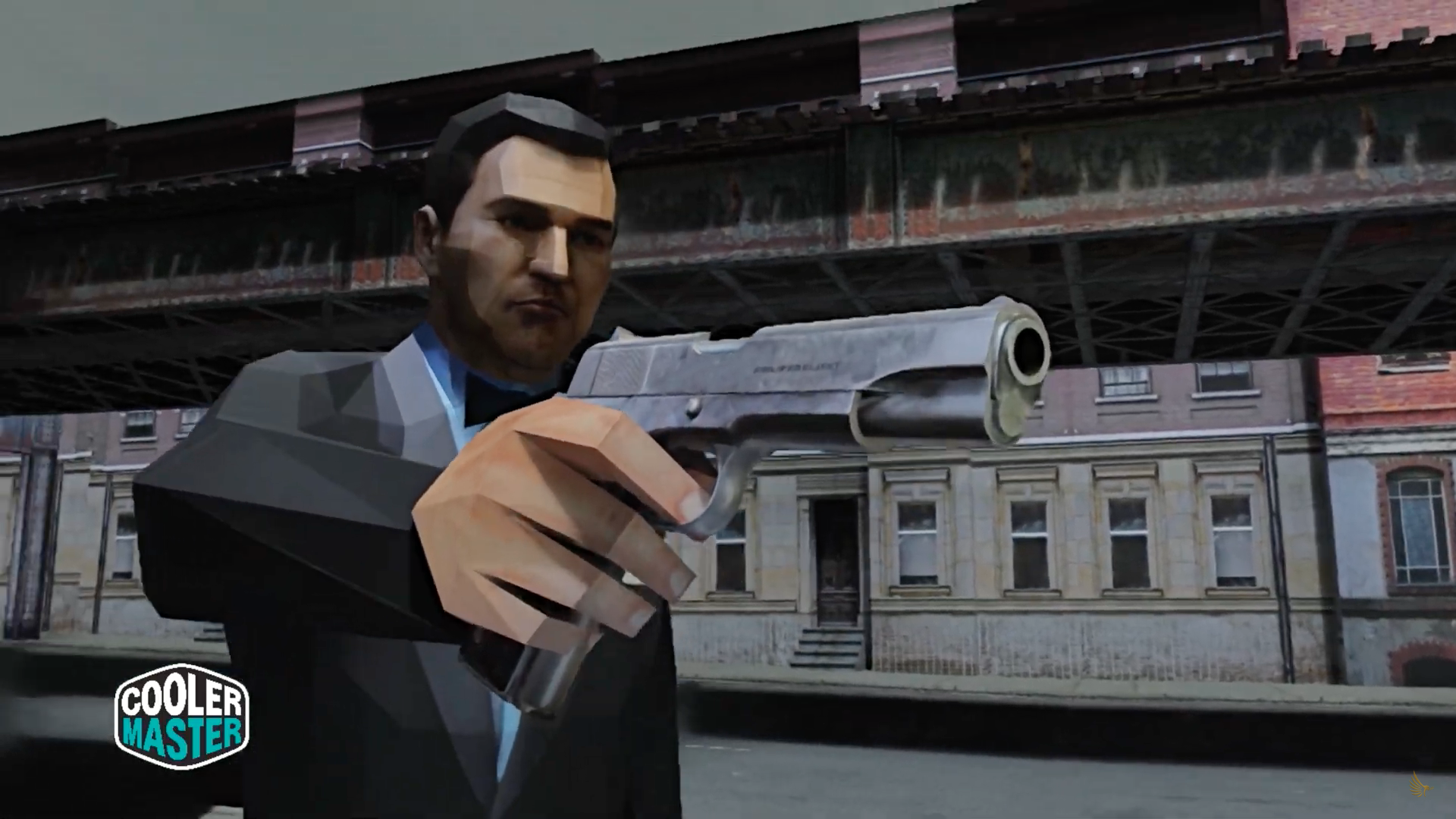 man aiming gun street