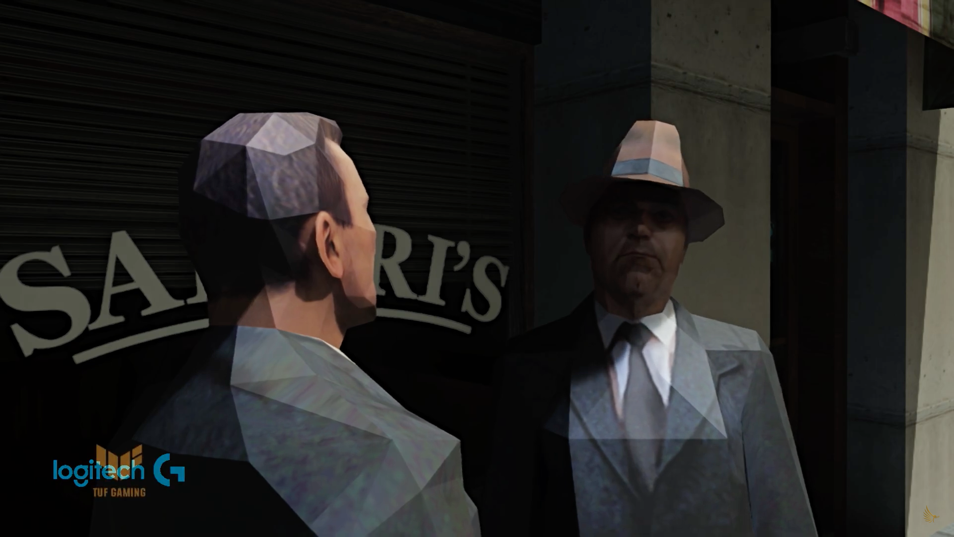 two men talking outside shop