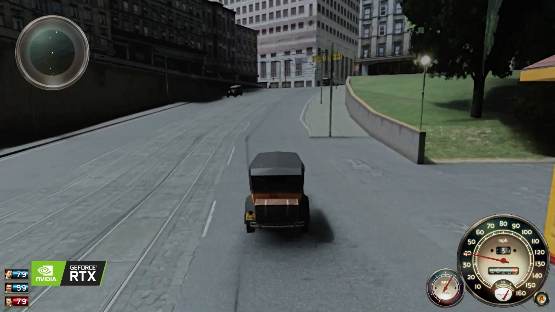 vintage car driving city