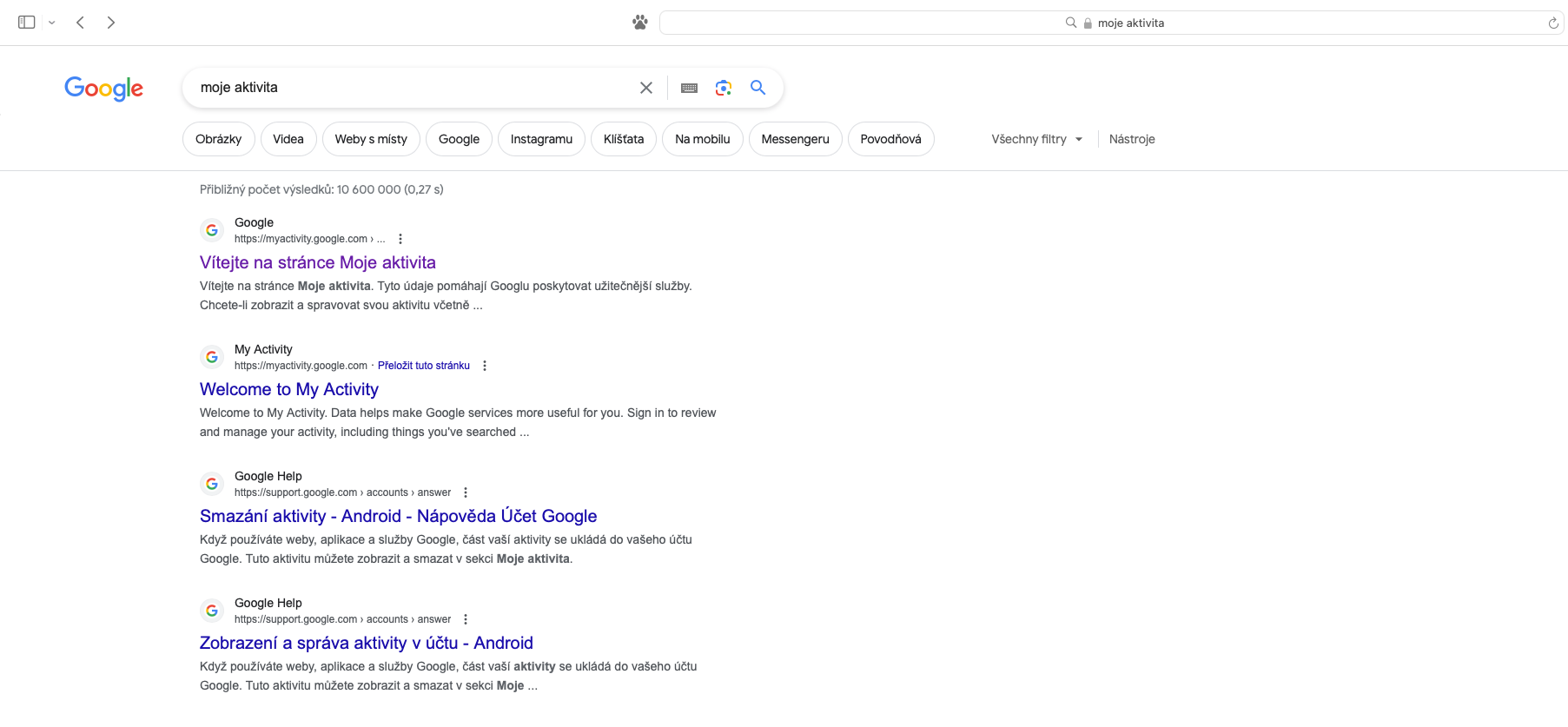 Google Moje aktivita screen 1