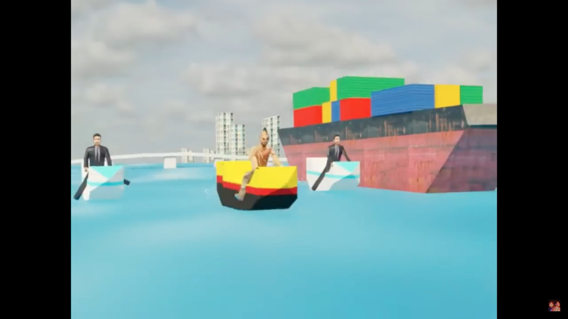 animated people rowing near cargo ship
