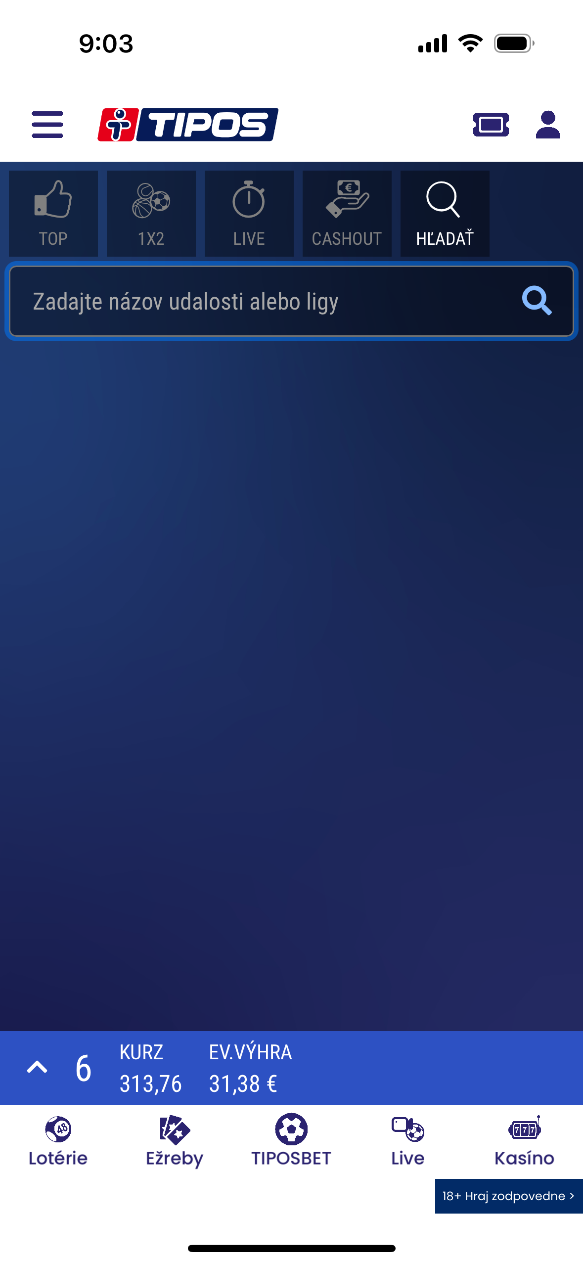 betting app search screen