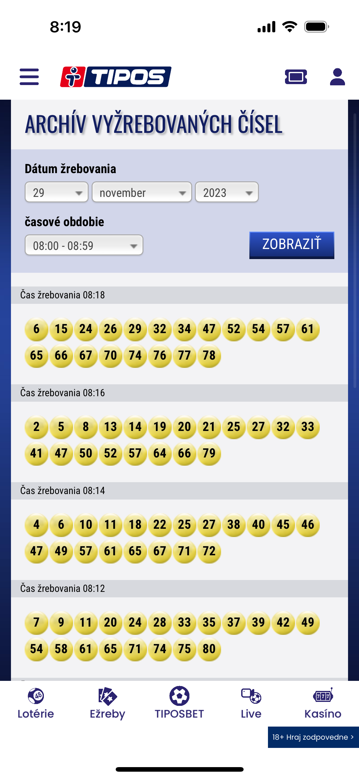 lottery draw results screen