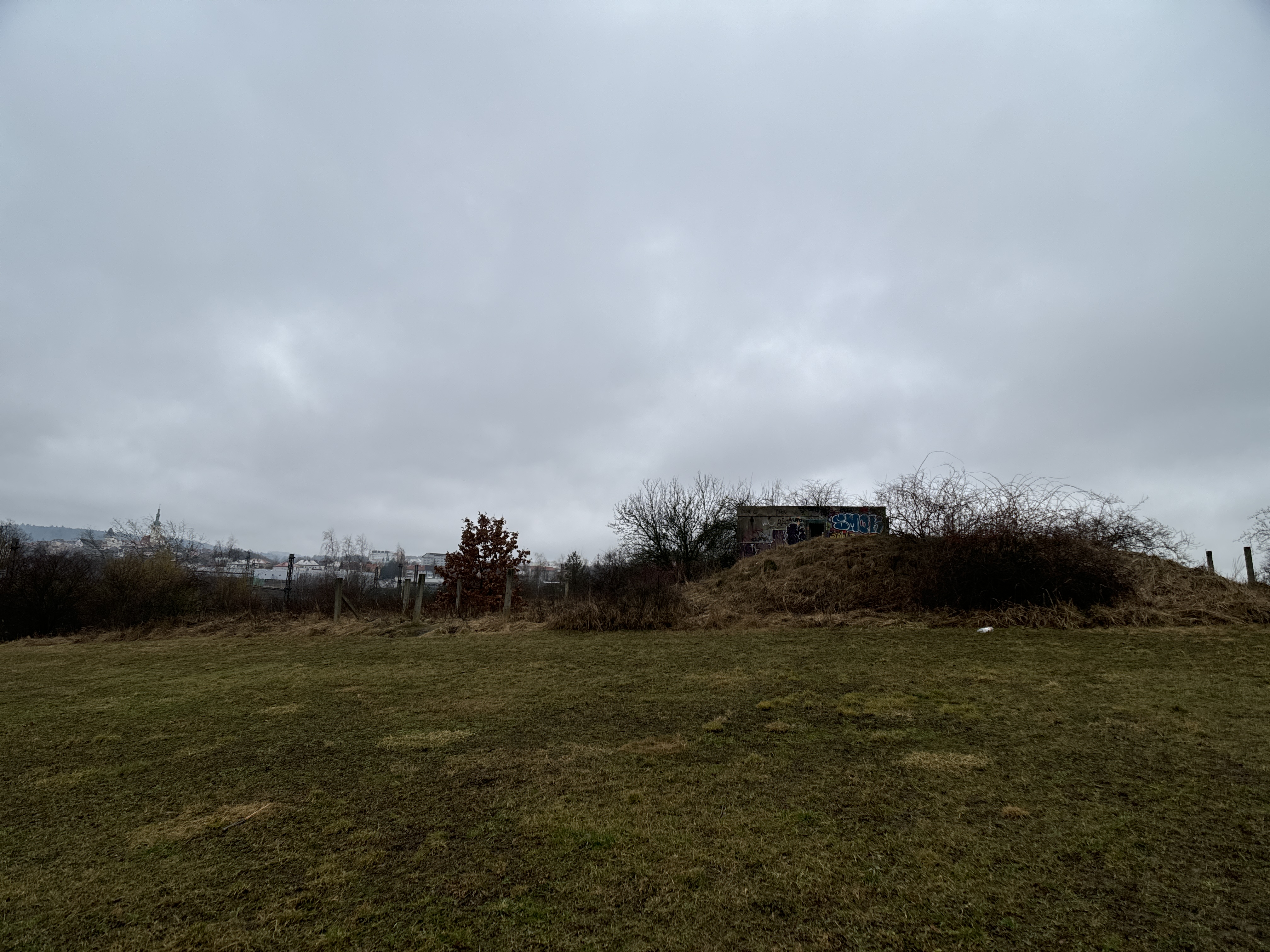 overcast field with small building