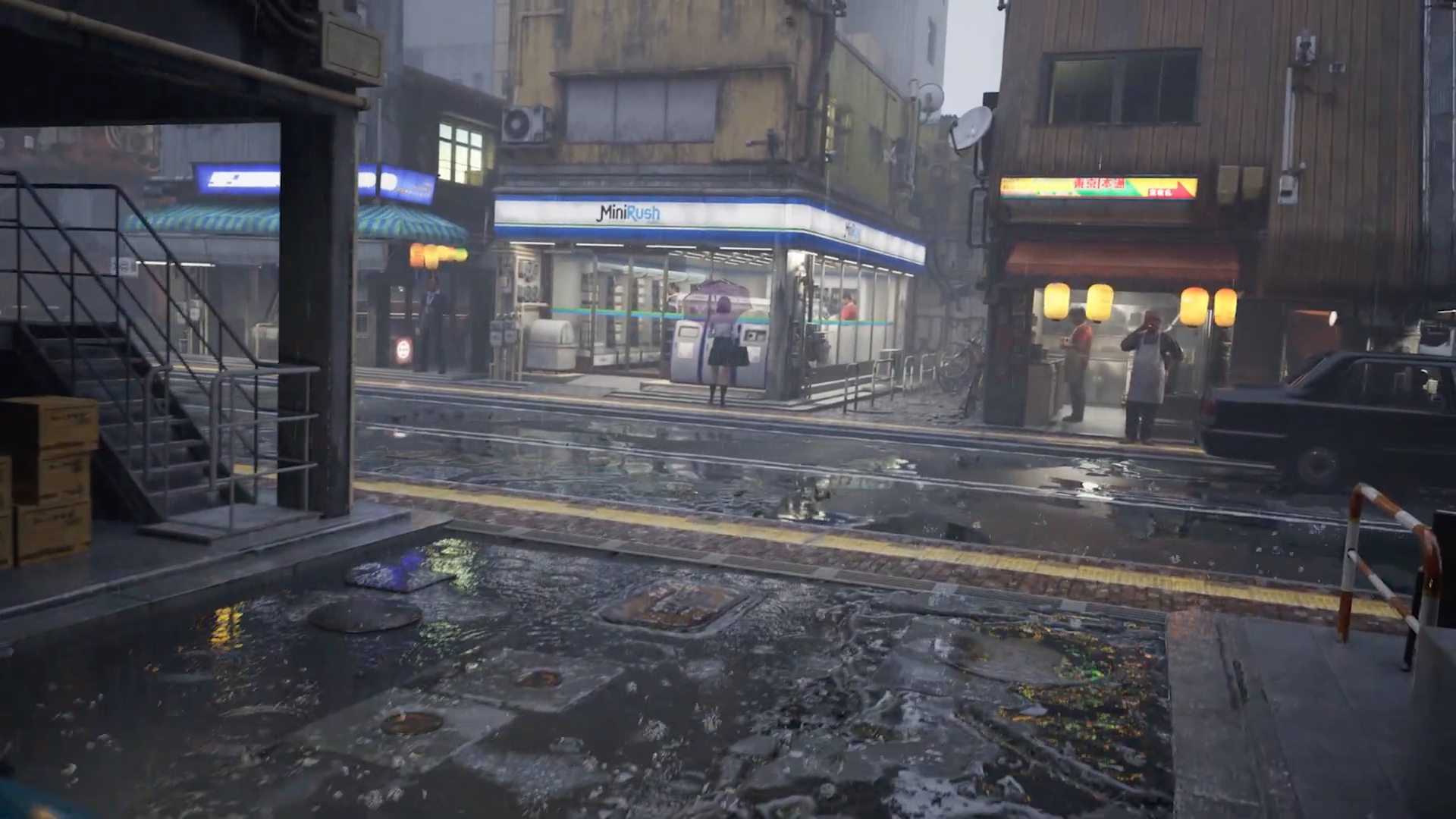 rainy street scene at night