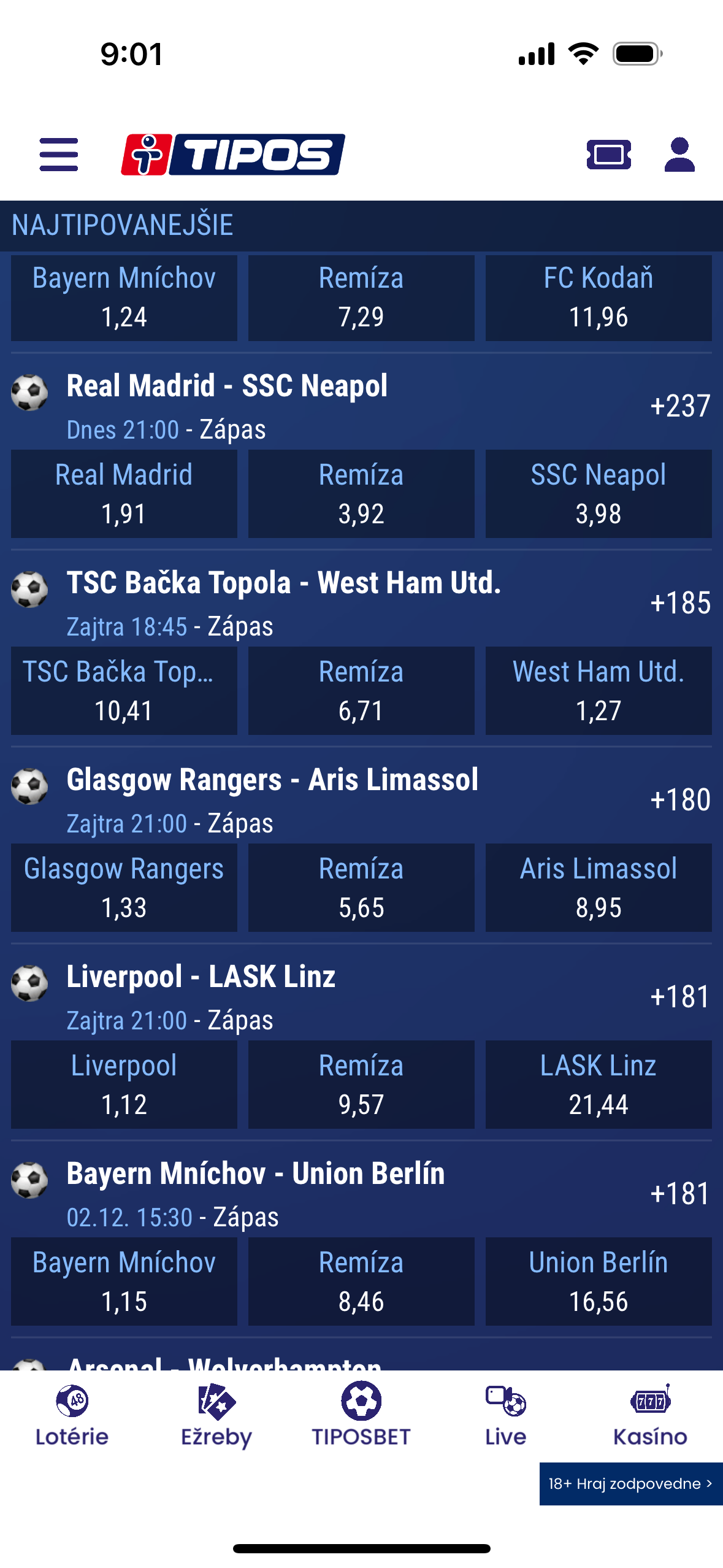 sports betting options screen