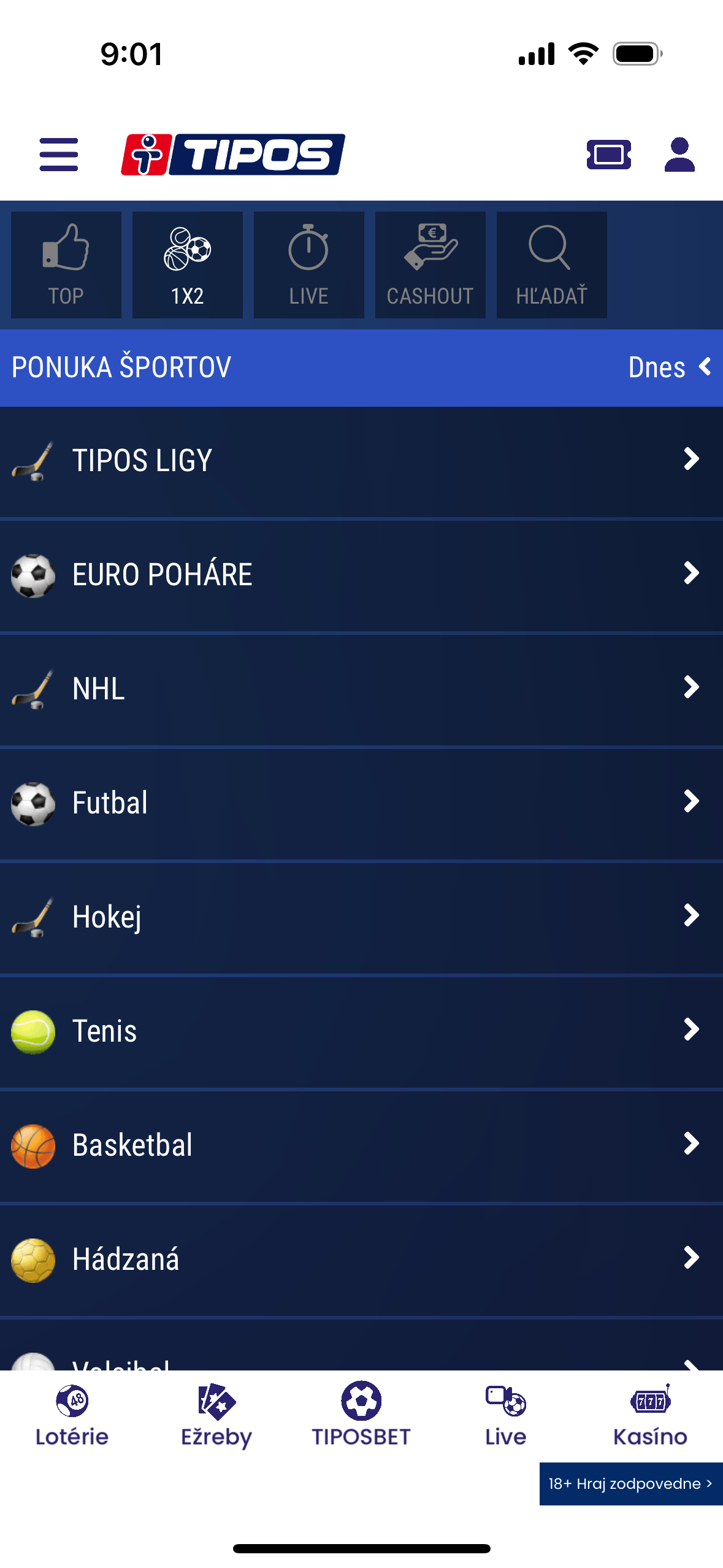 sports list betting screen