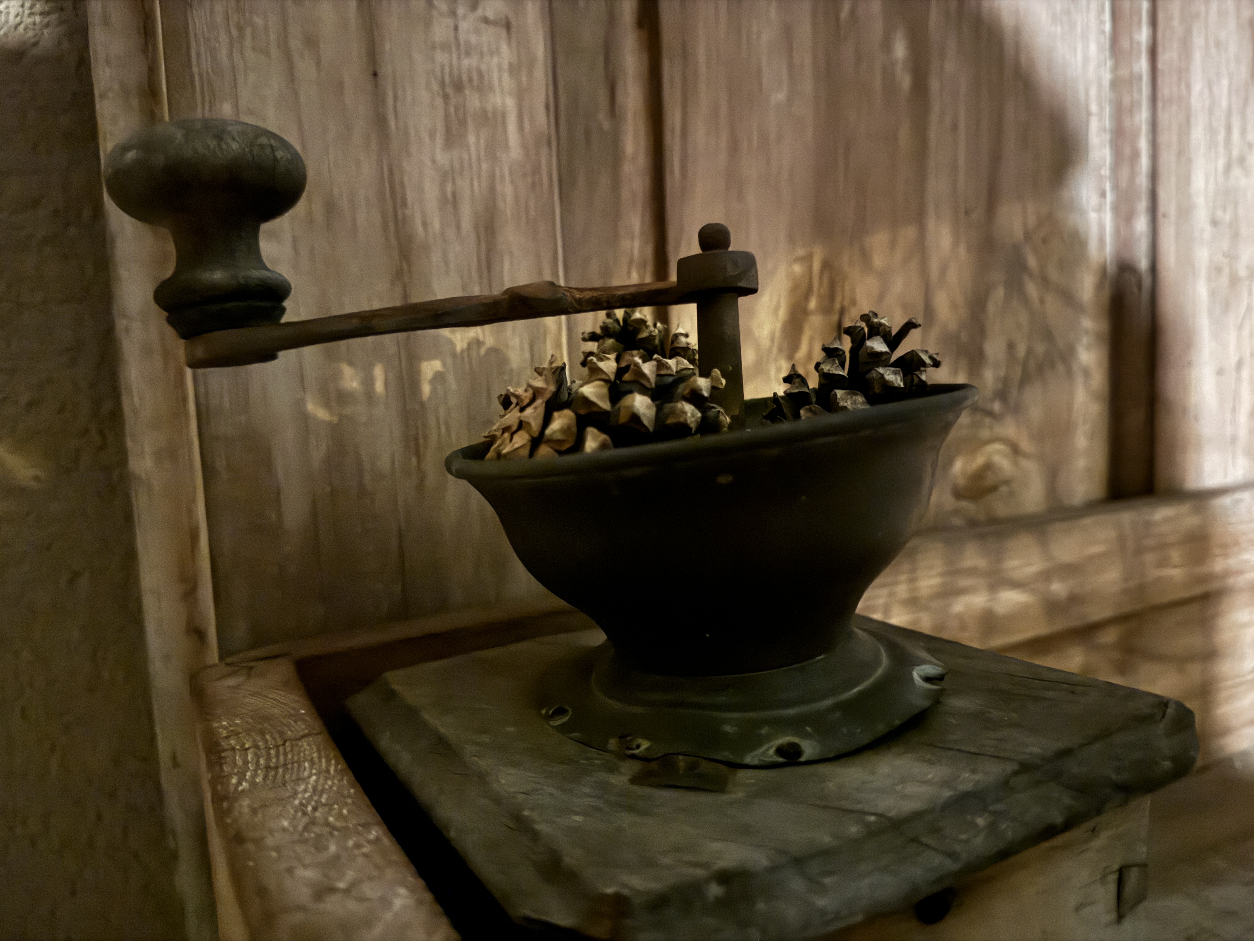 vintage coffee grinder with pinecones