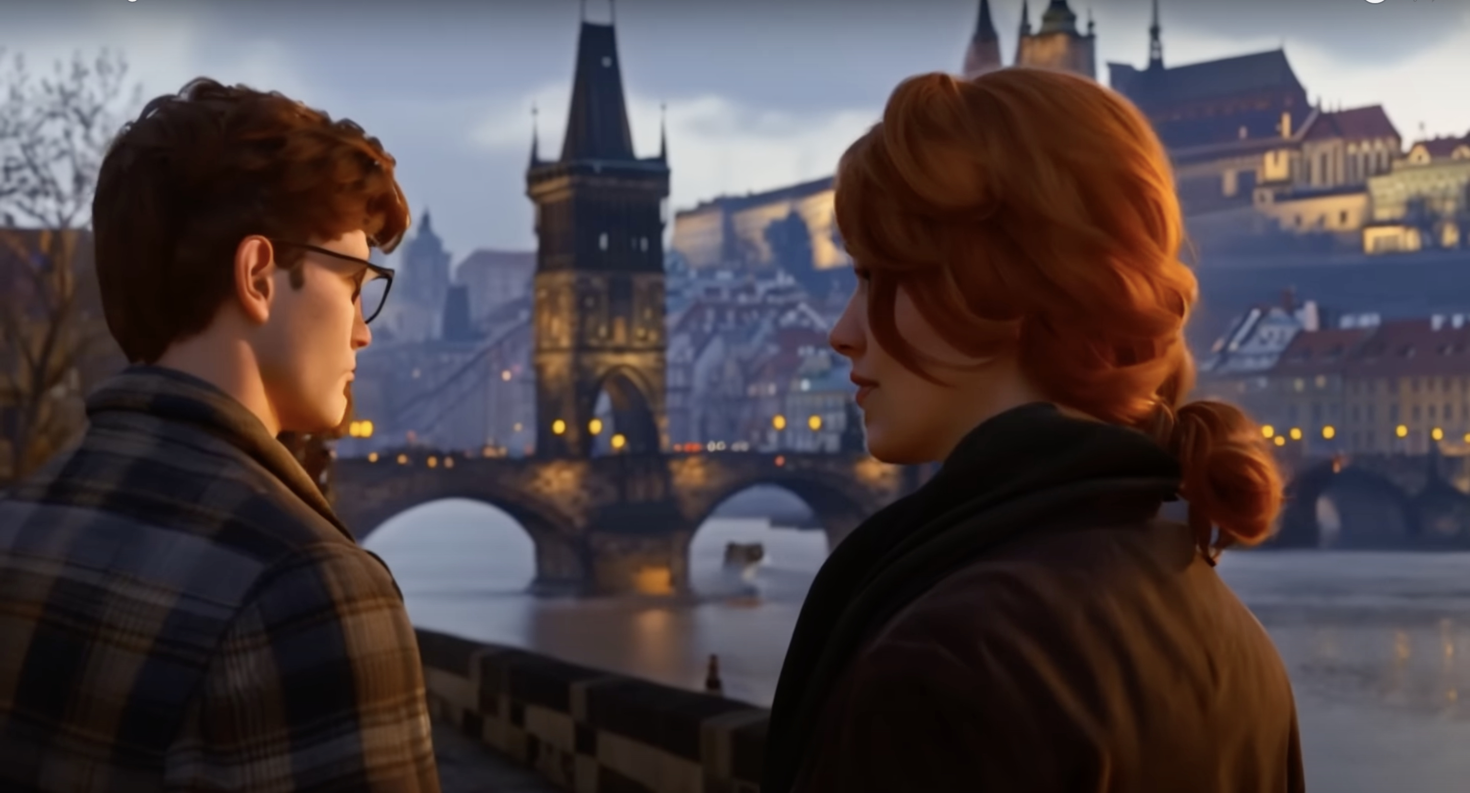 animated couple city bridge