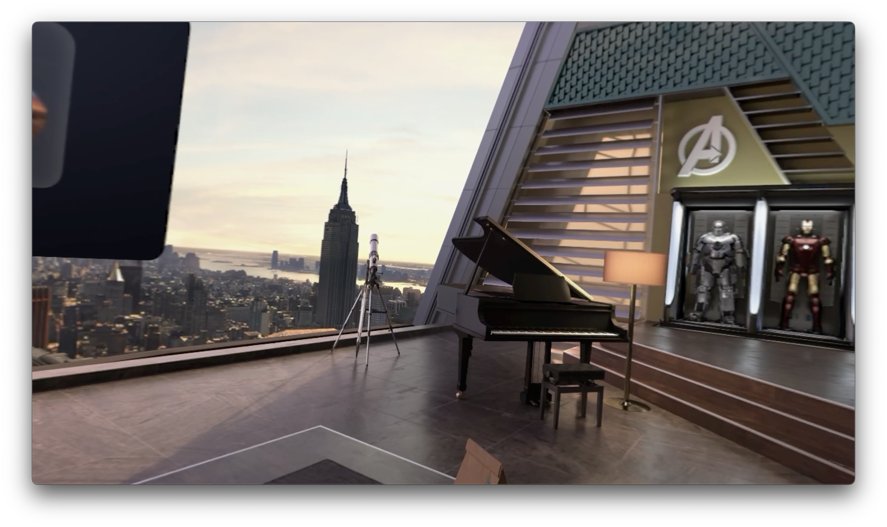 cityscape with piano and armor