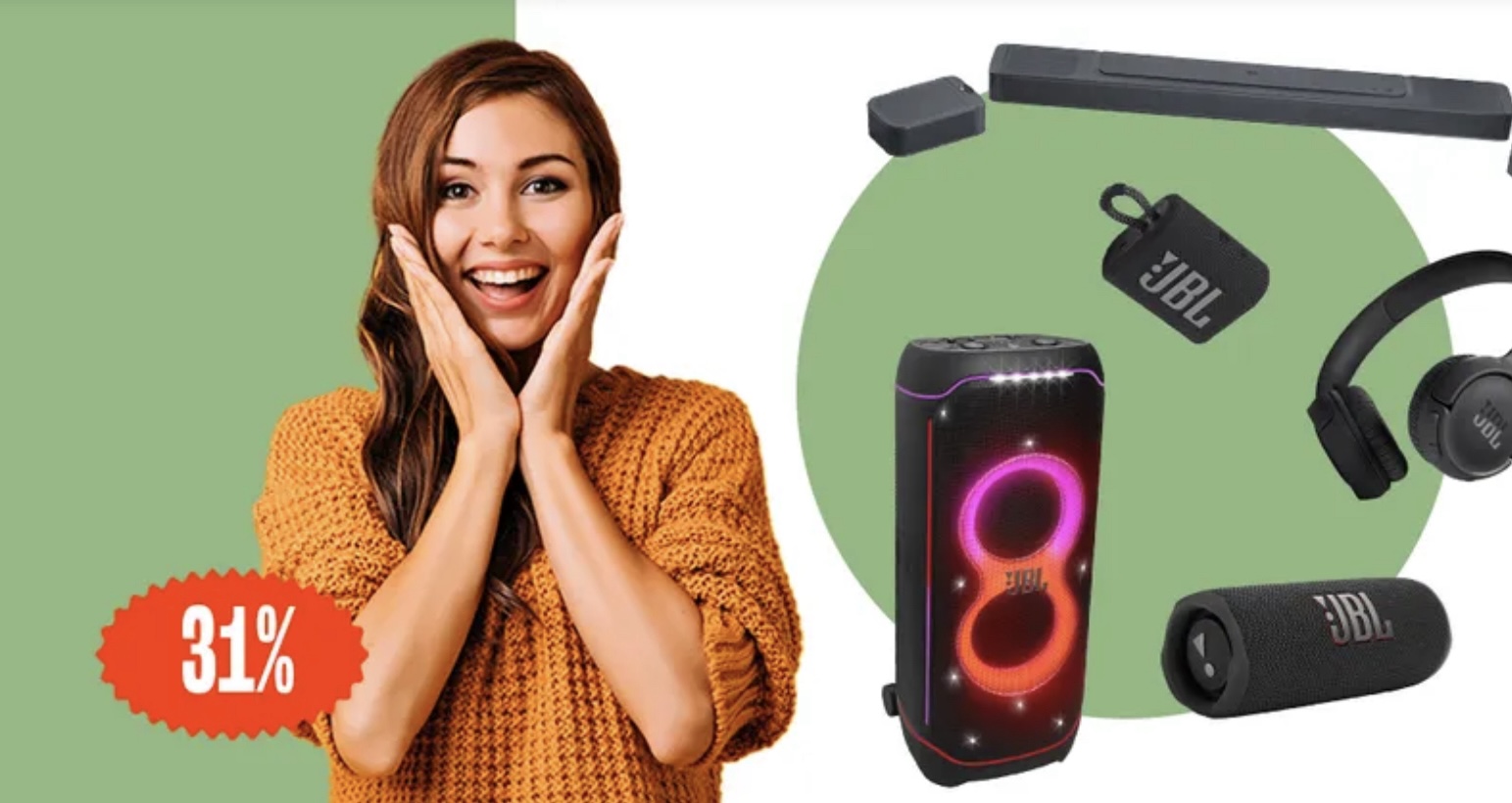 excited woman with jbl products