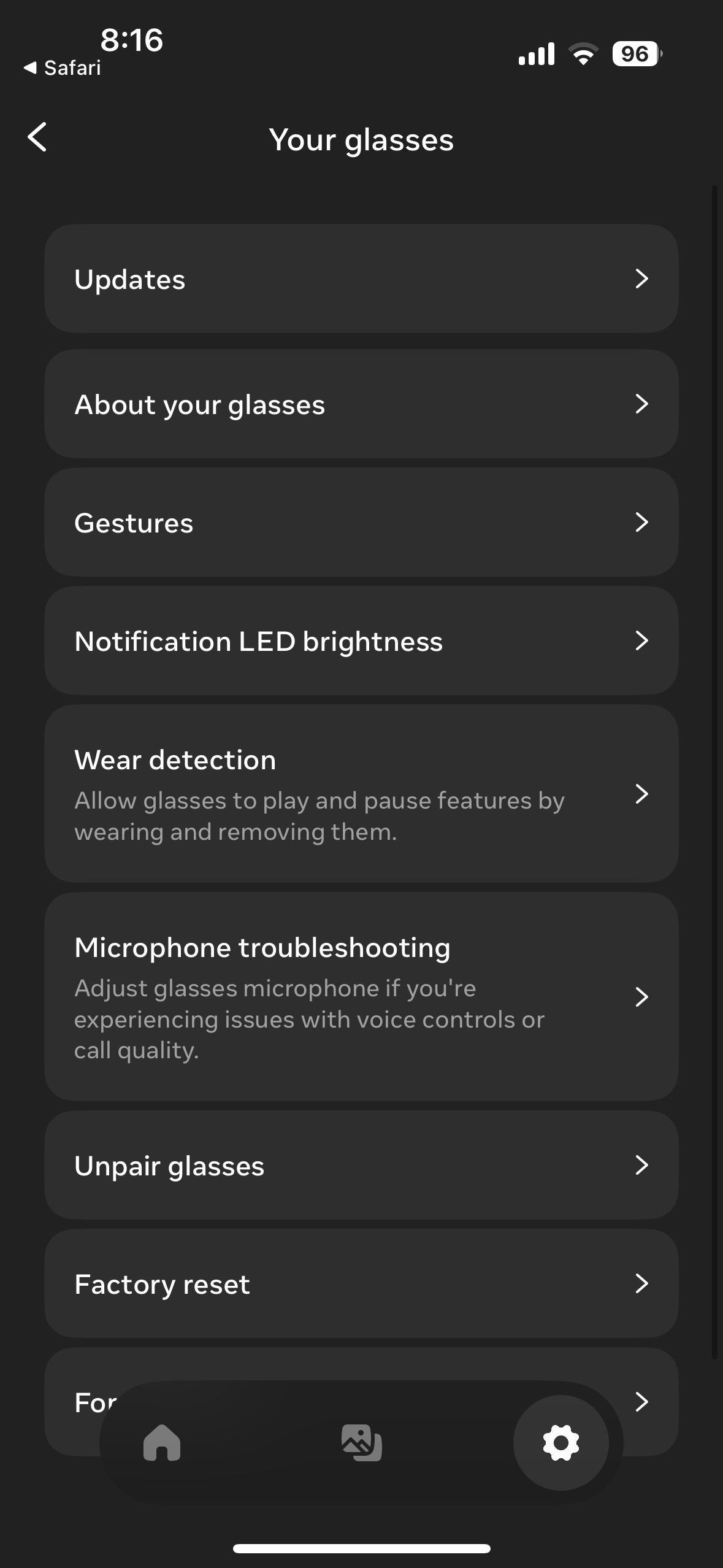 glasses settings menu