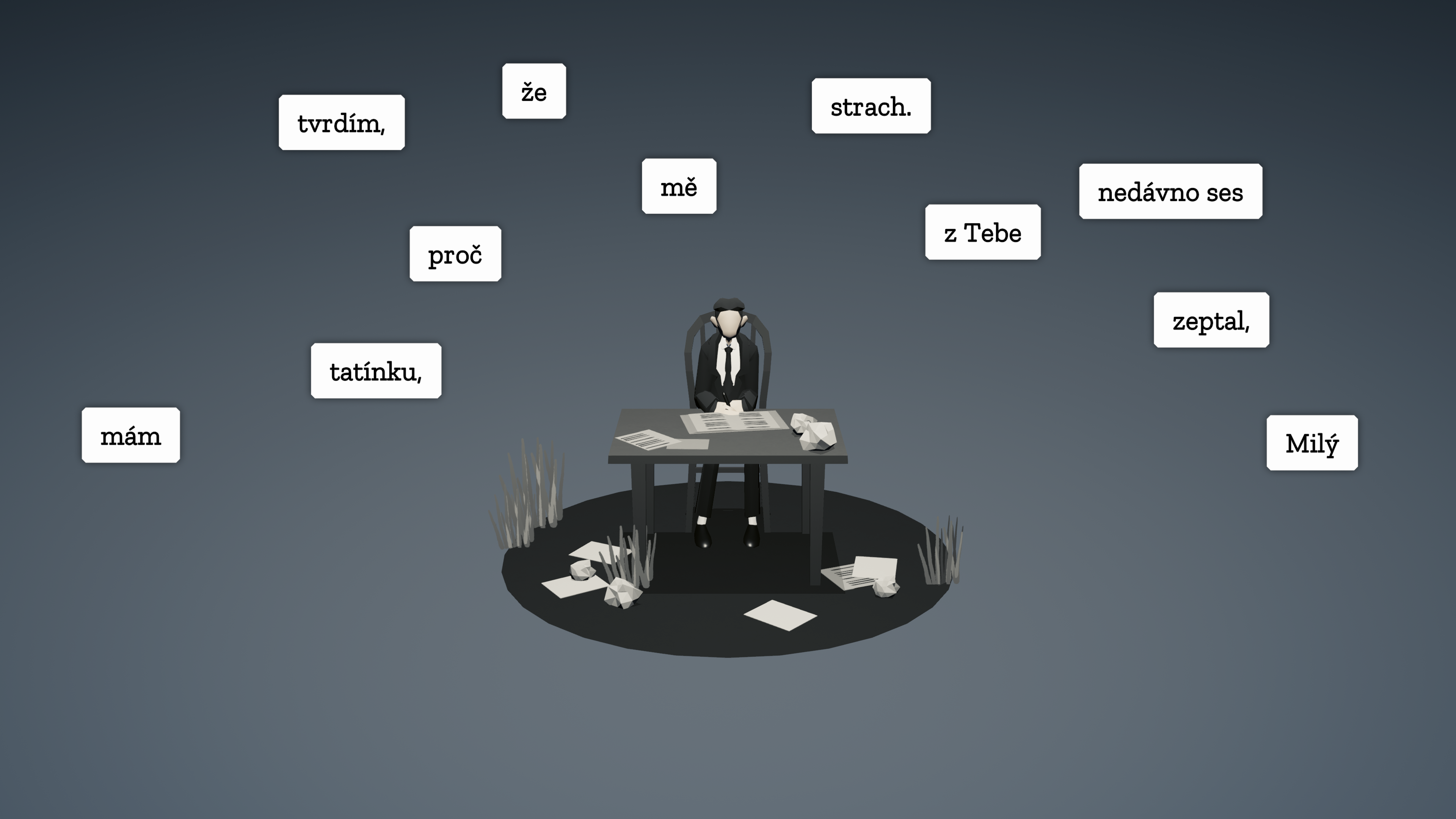 person at desk with text