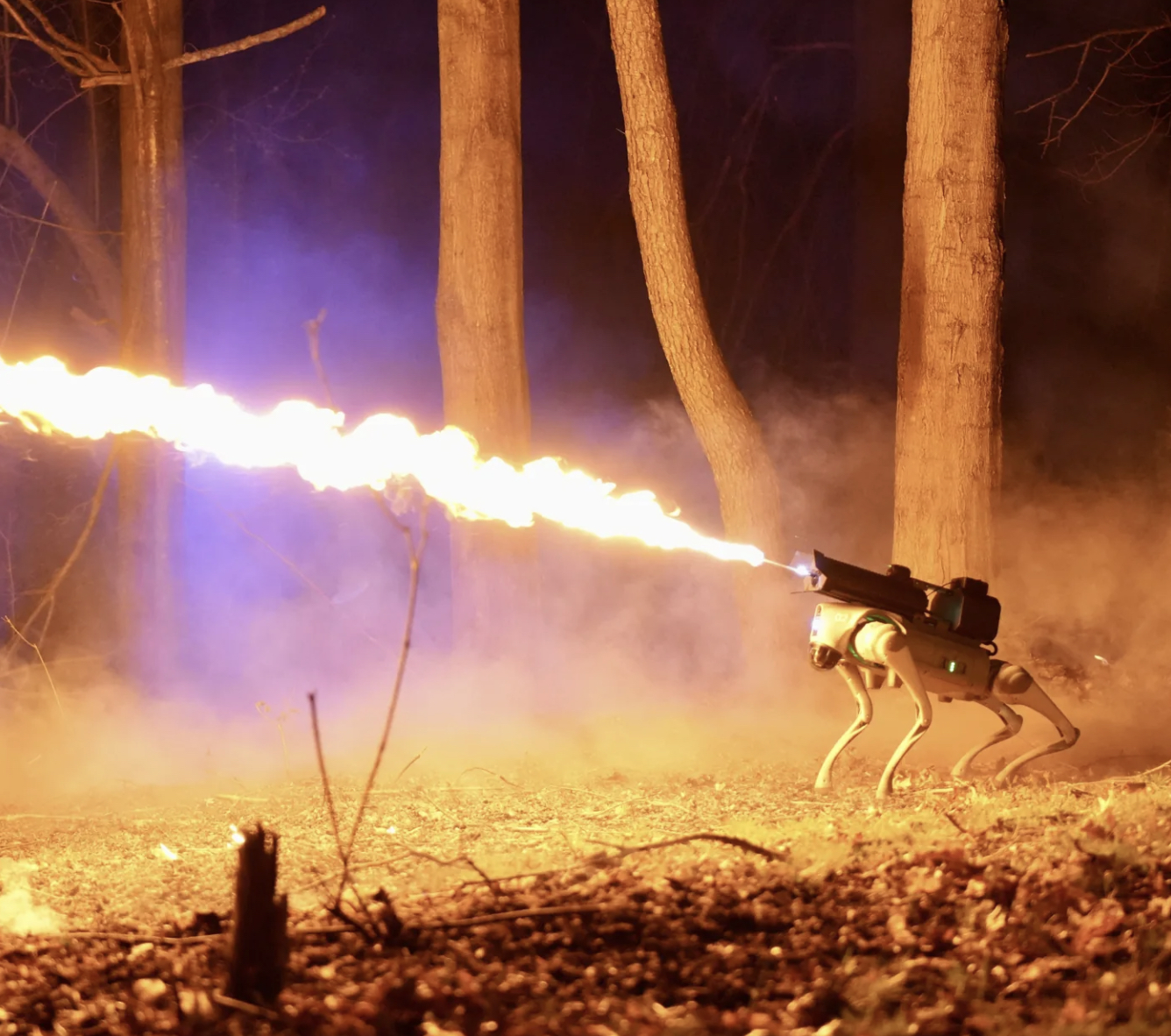 robot dog flamethrower forest