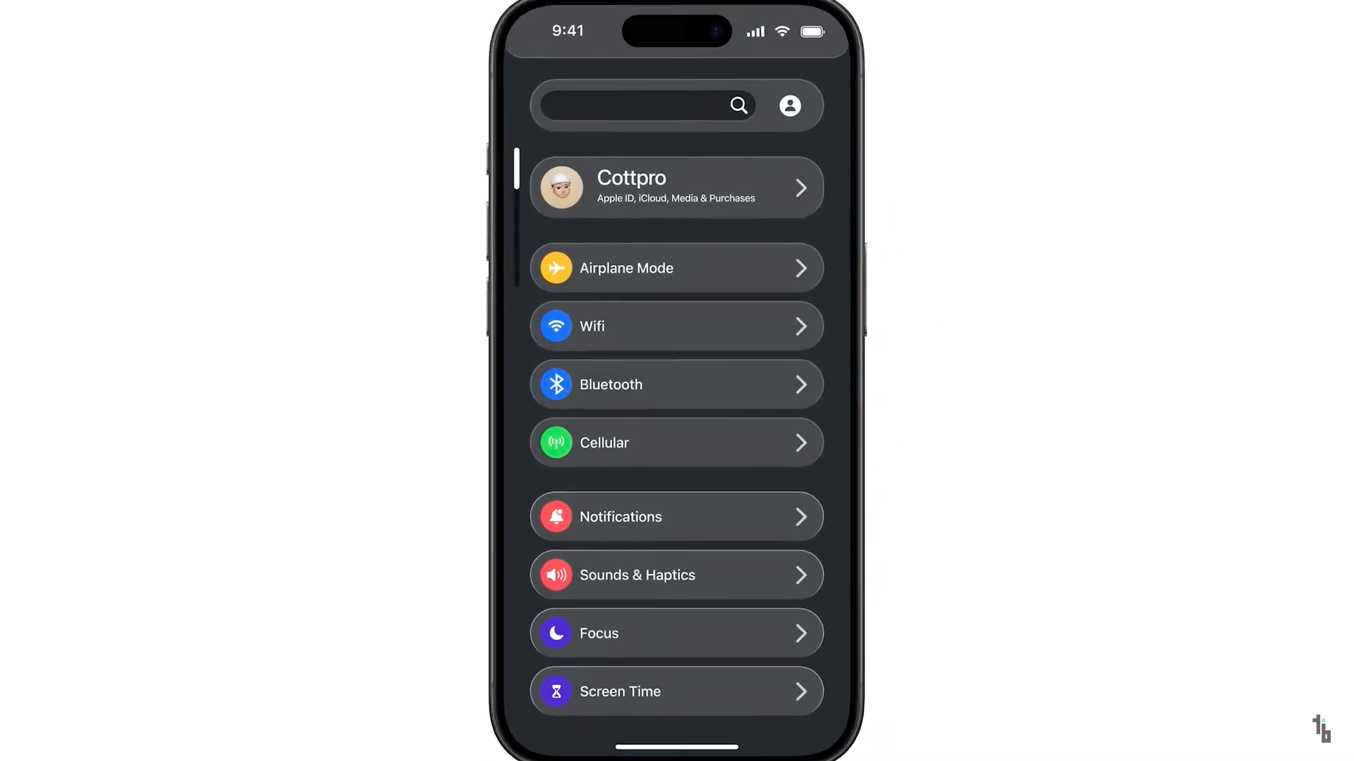 smartphone settings menu