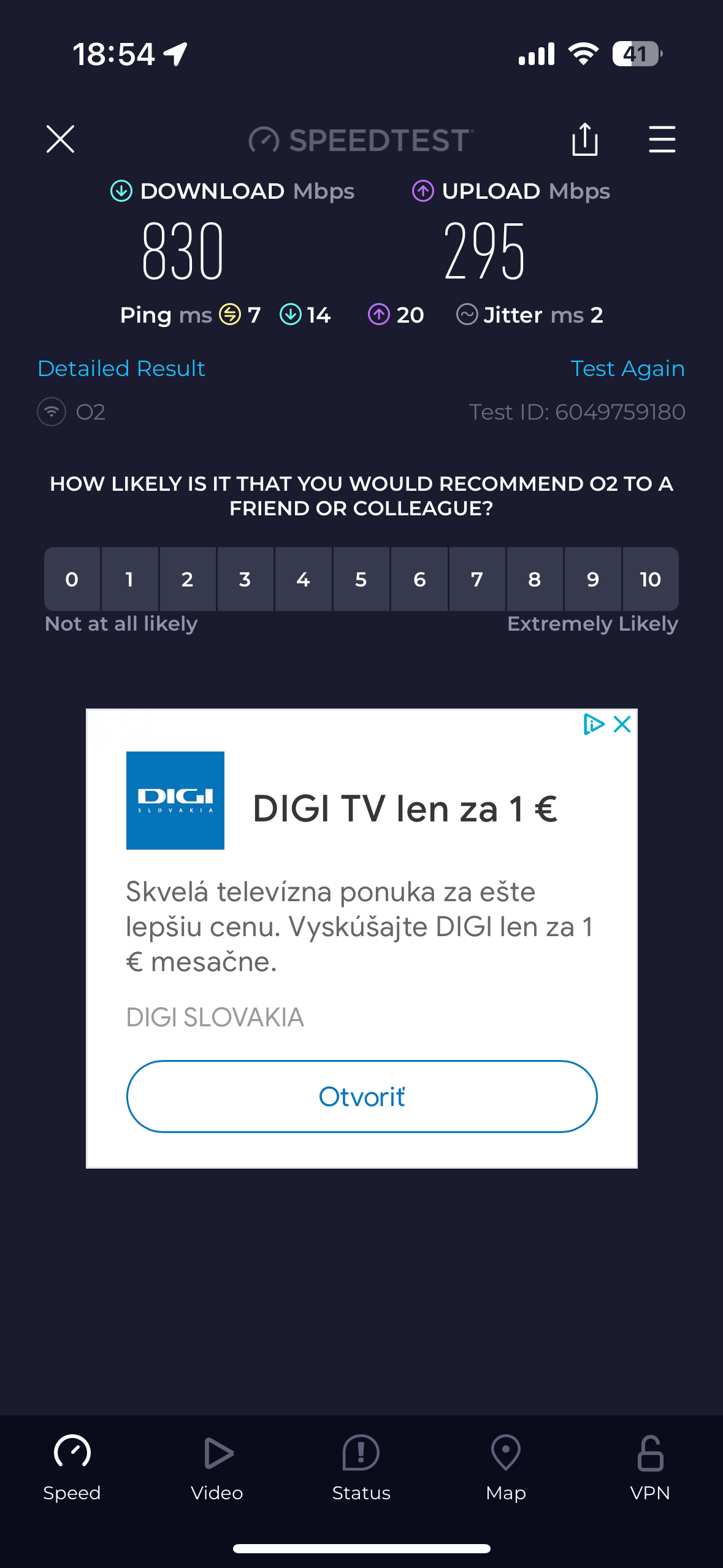 speedtest results on phone