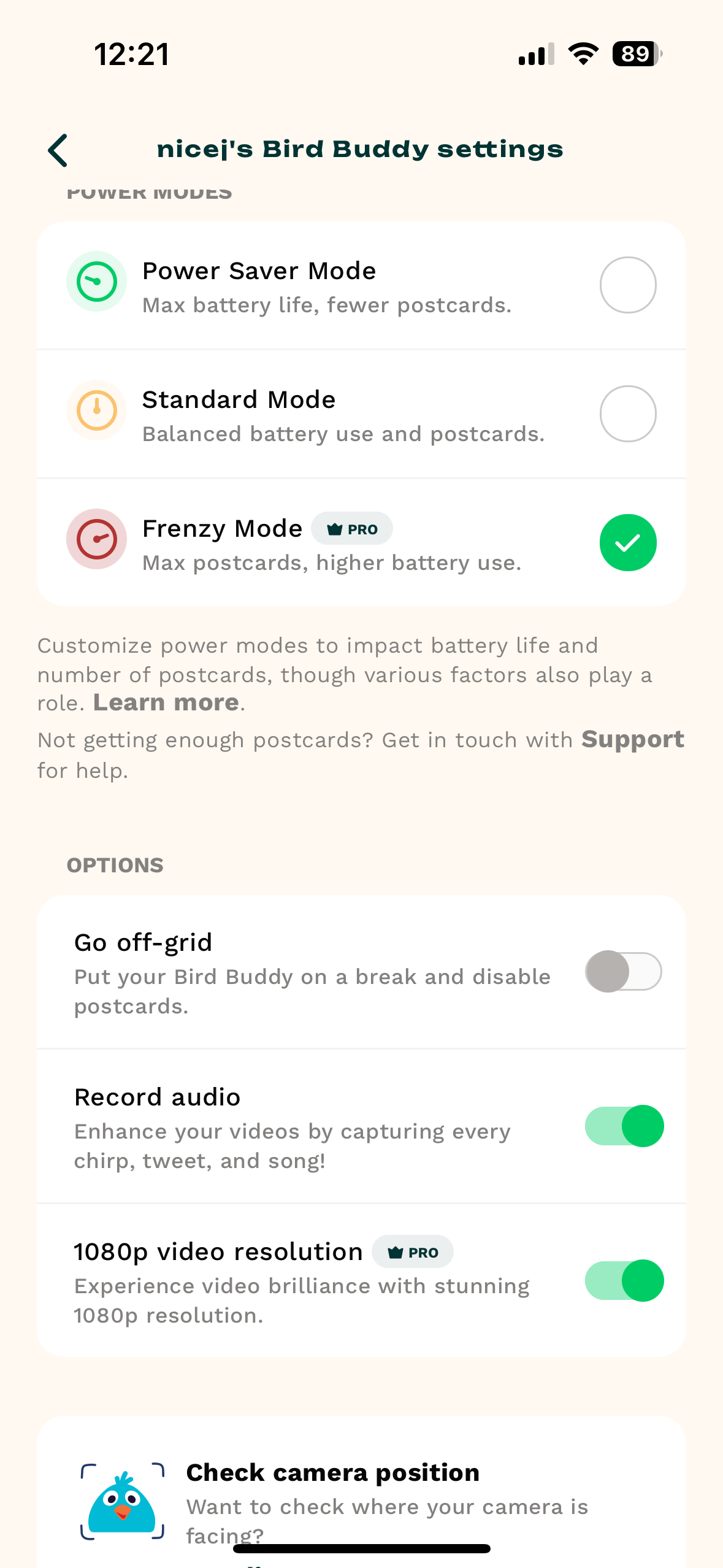 bird buddy power modes