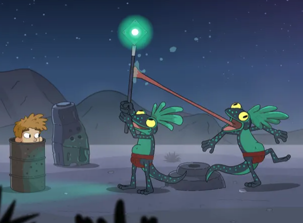 cartoon lizards with glowing staff