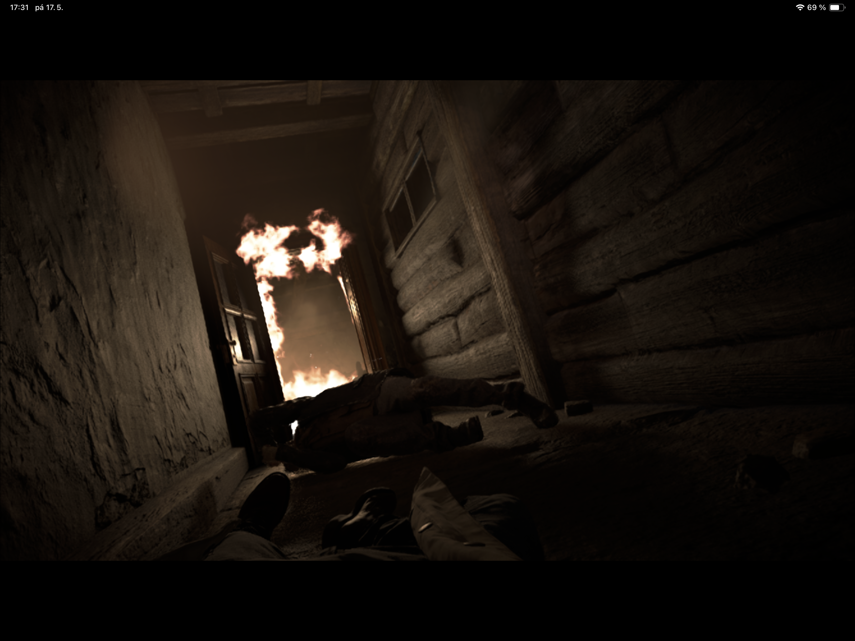 fire in dark hallway