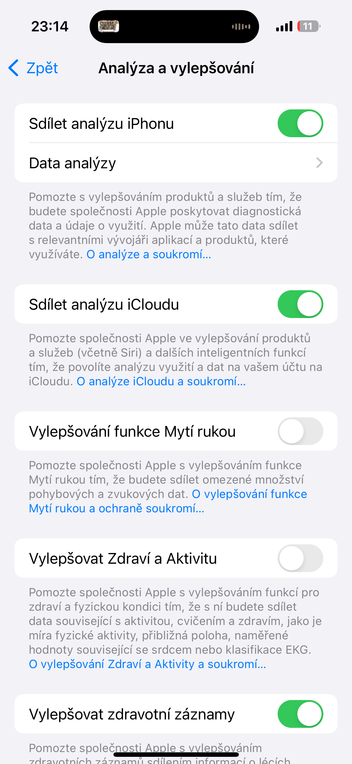iphone settings data sharing