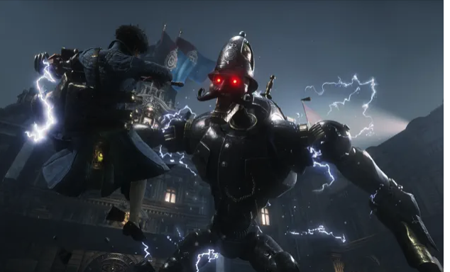 robot battle with lightning effects