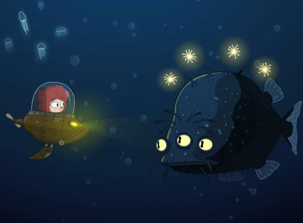 submarine and anglerfish underwater