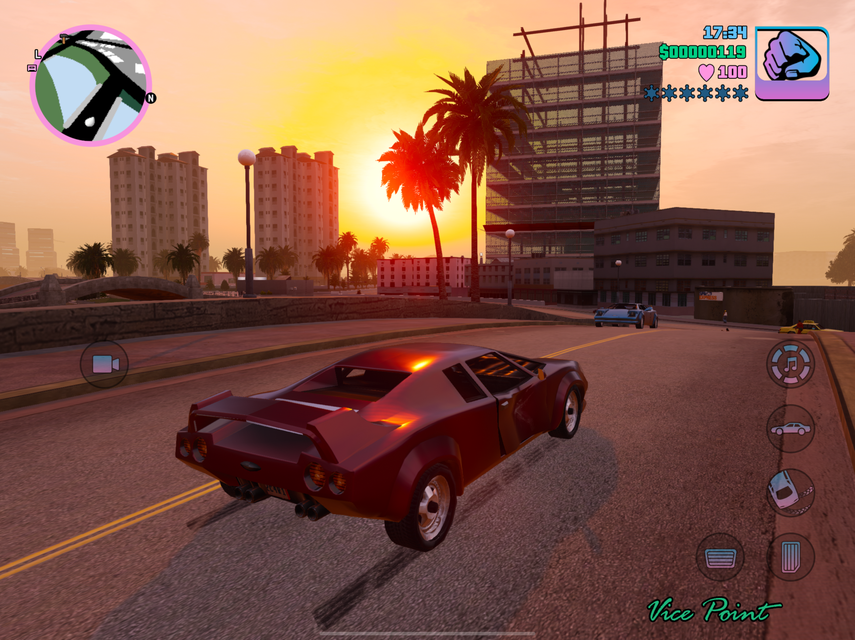 vice city car driving at sunset