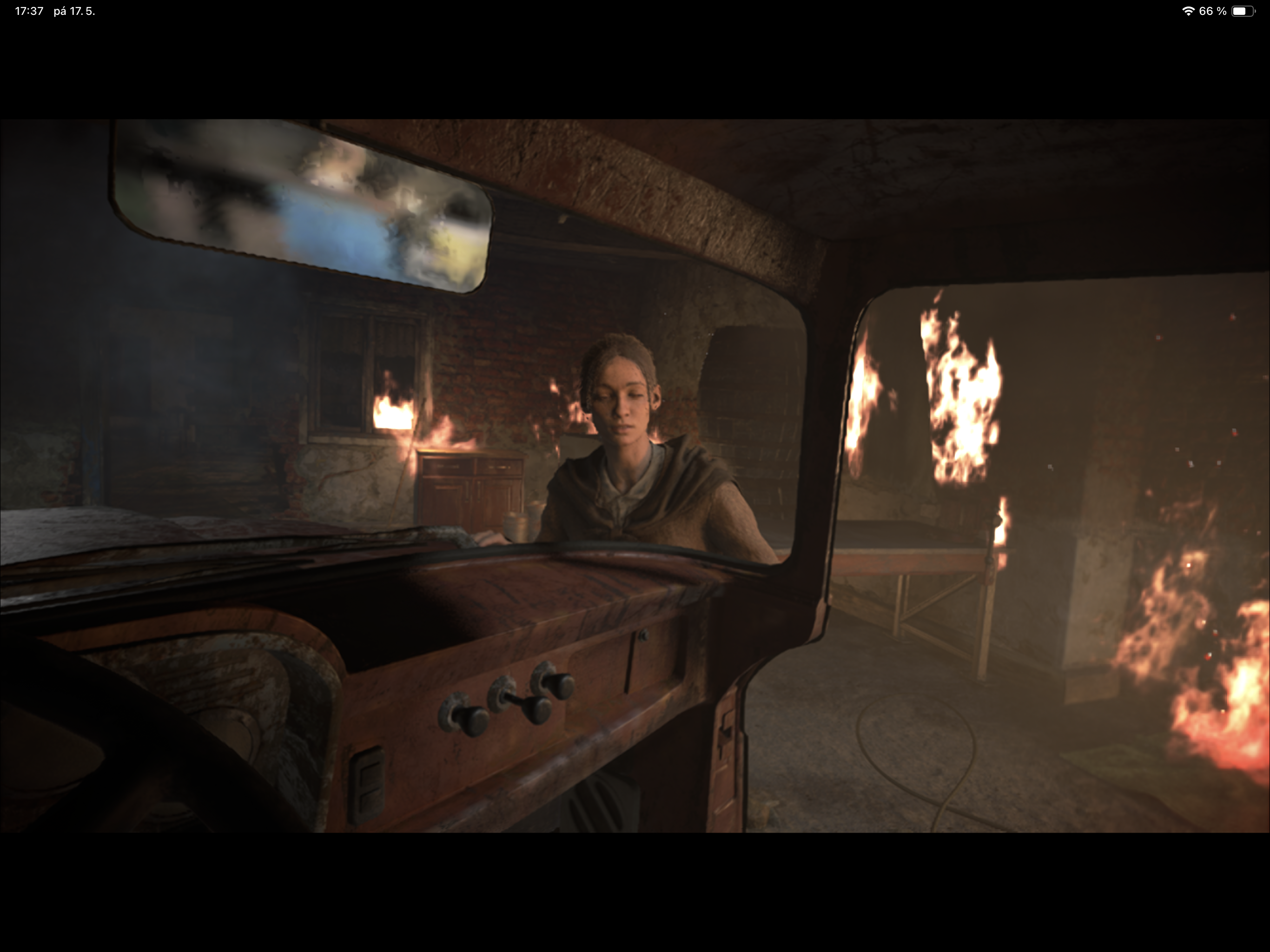 woman in burning car interior