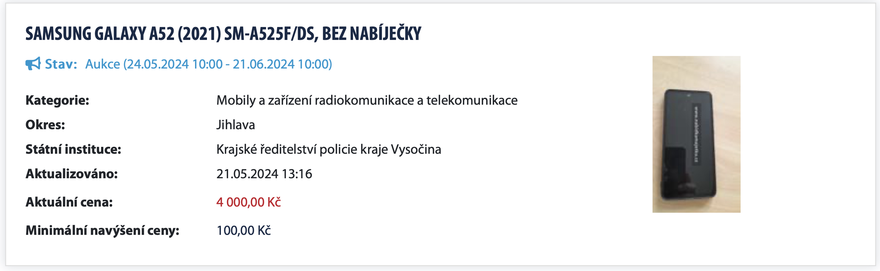 samsung galaxy a52 phone auction