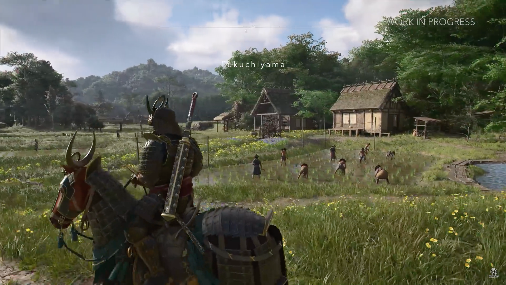 samurai on horse in village