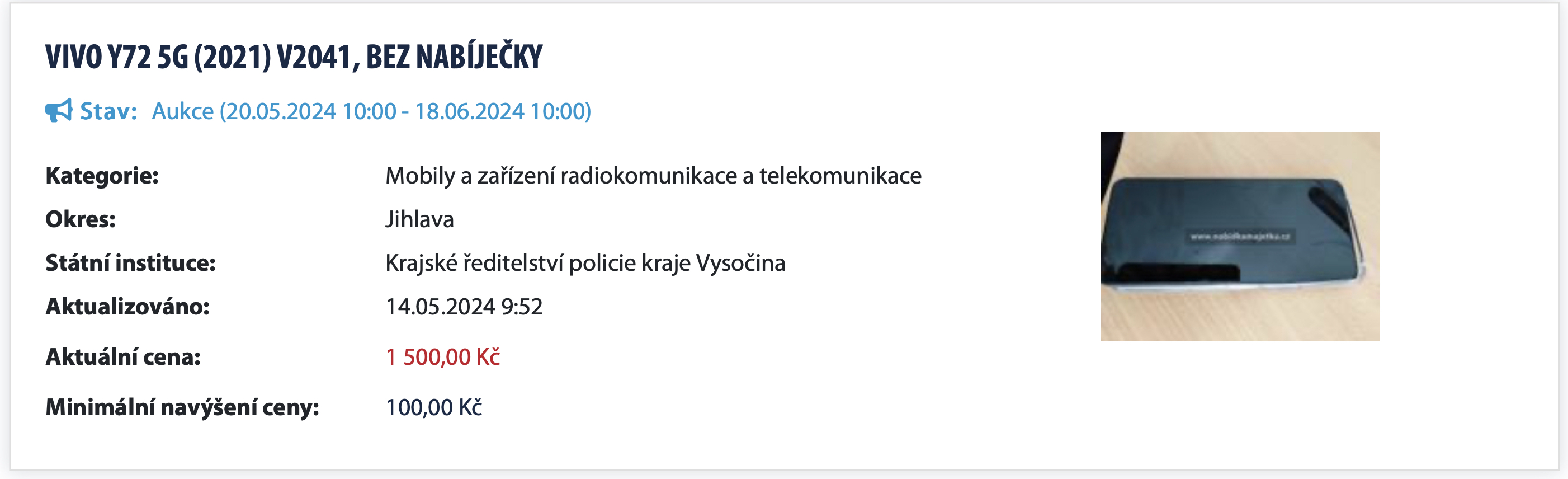 vivo y72 5g phone auction