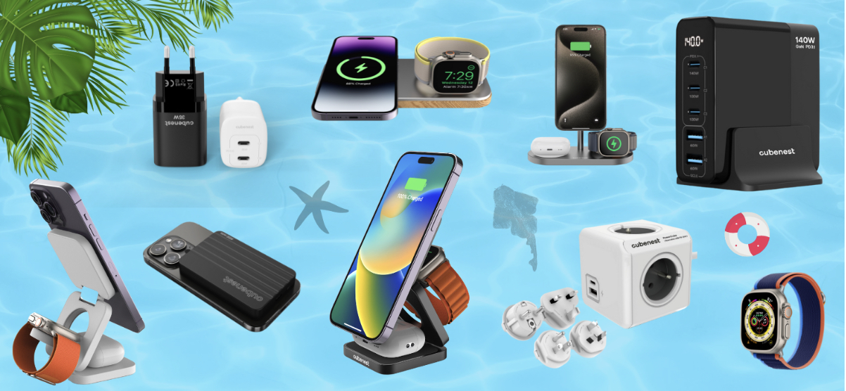 assorted tech gadgets on blue background