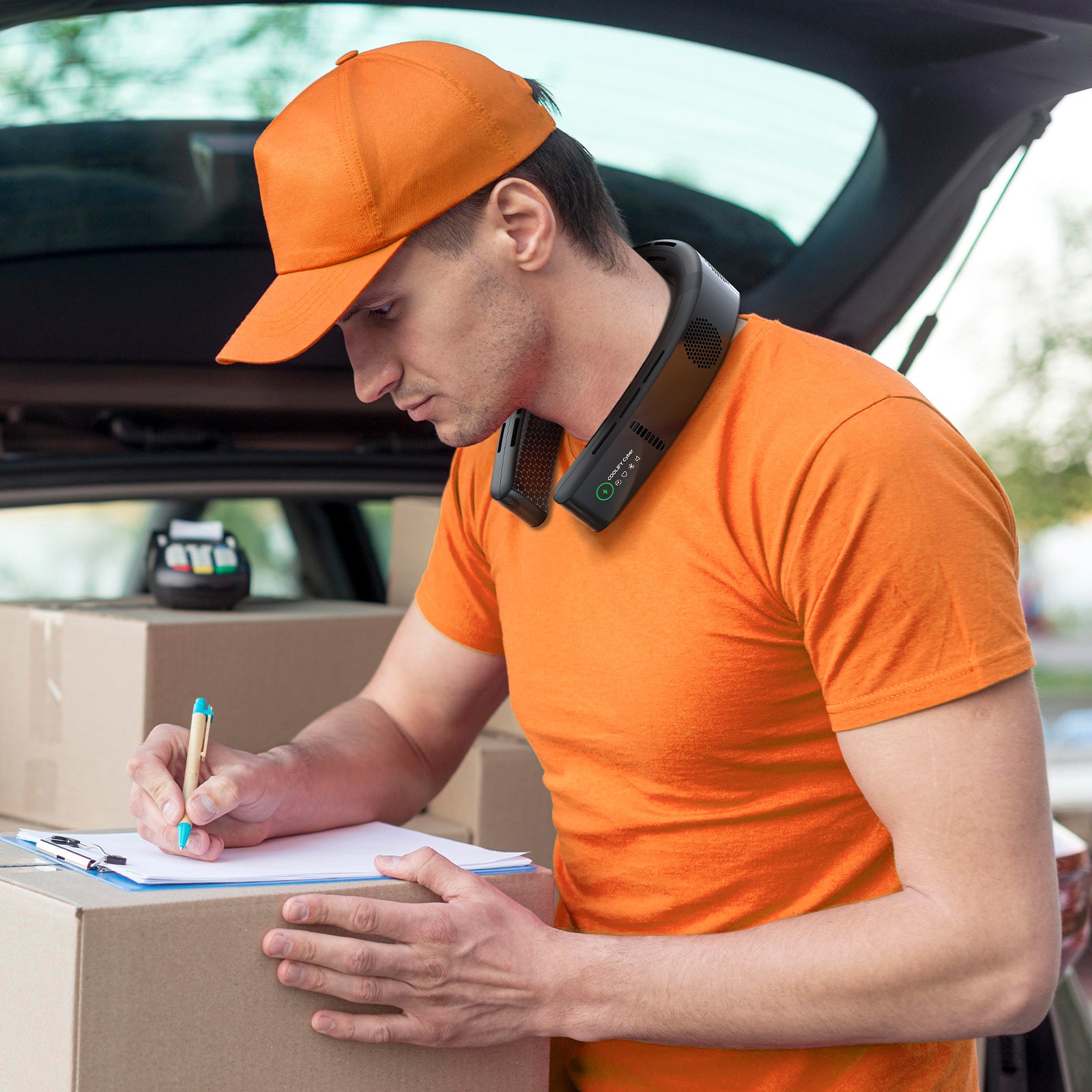 delivery man wearing neck cooler