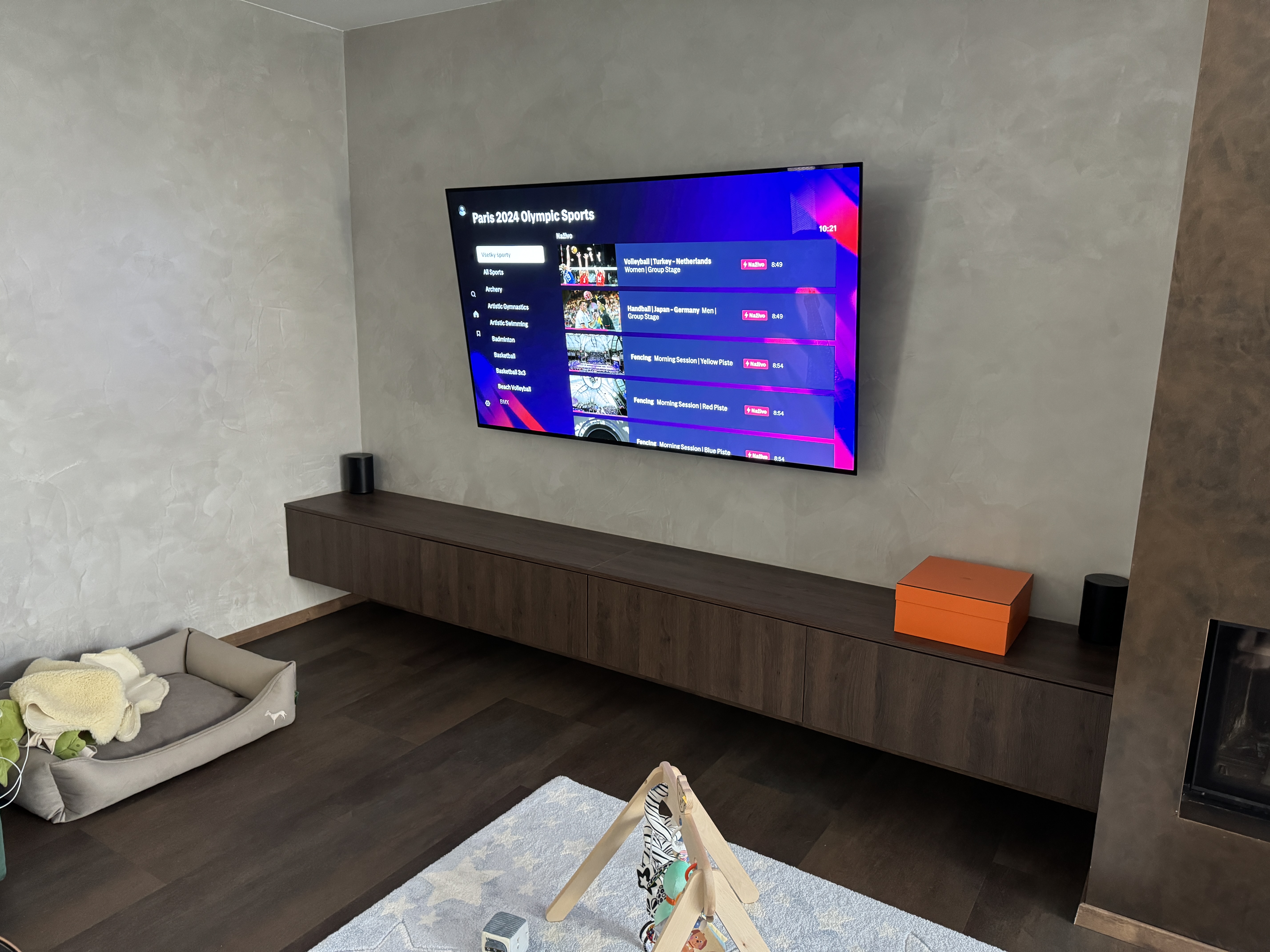 modern living room with wall mounted tv