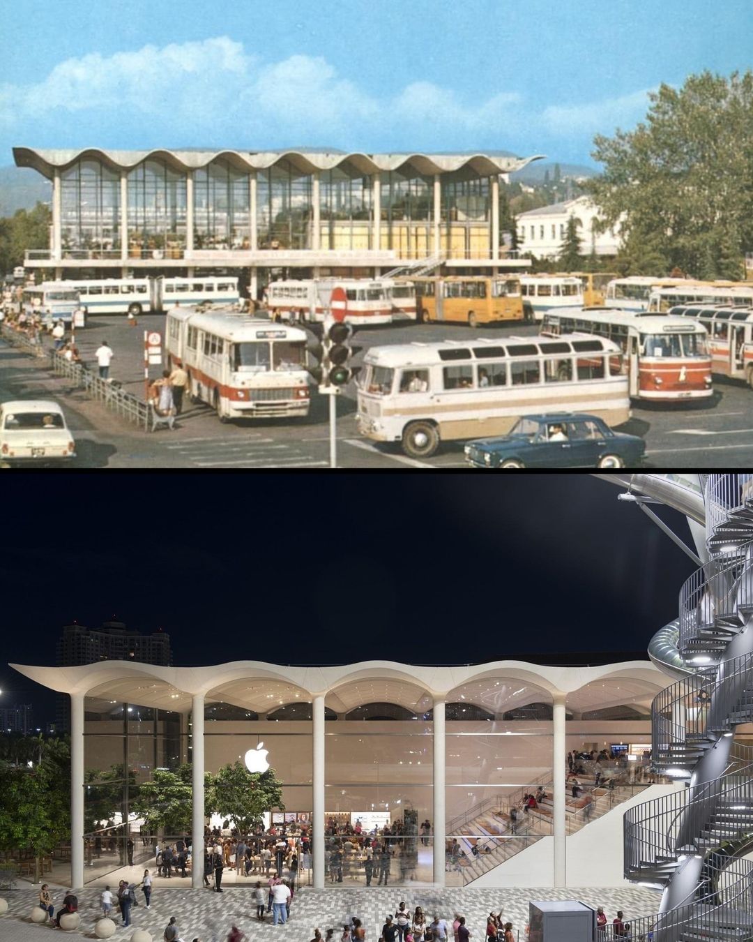 retro and modern bus station comparison